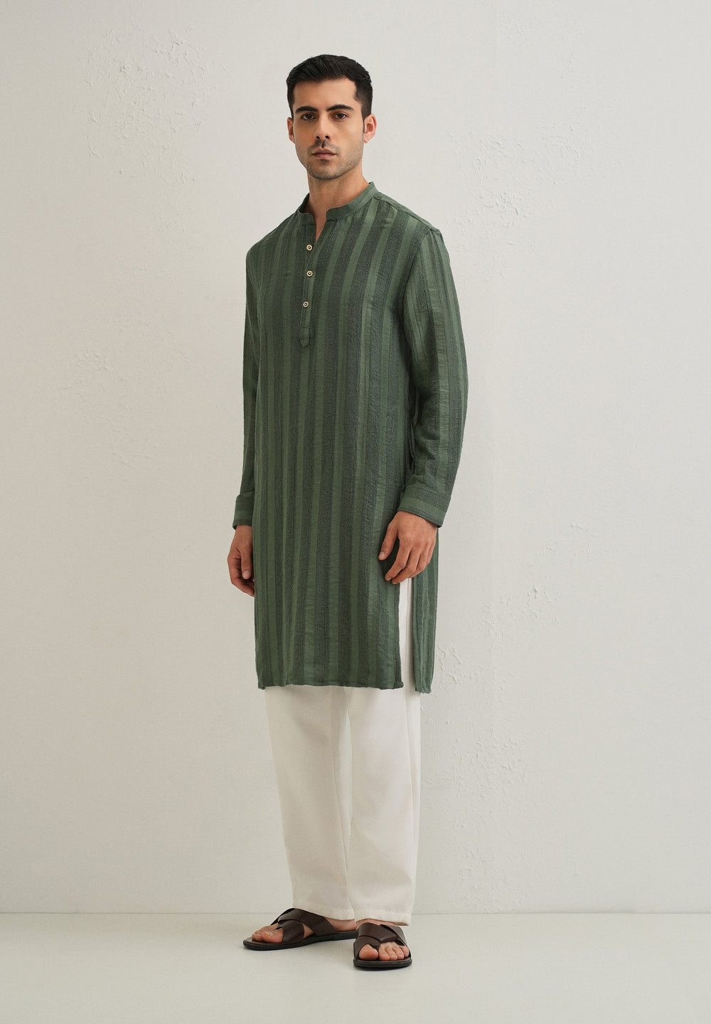 Green Textured Vertical Stripe Kurta