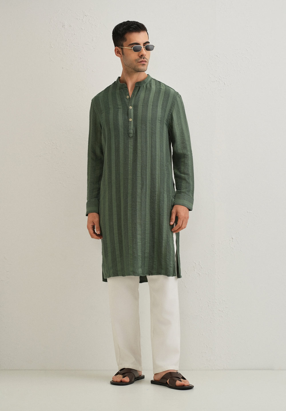 Green Textured Vertical Stripe Kurta