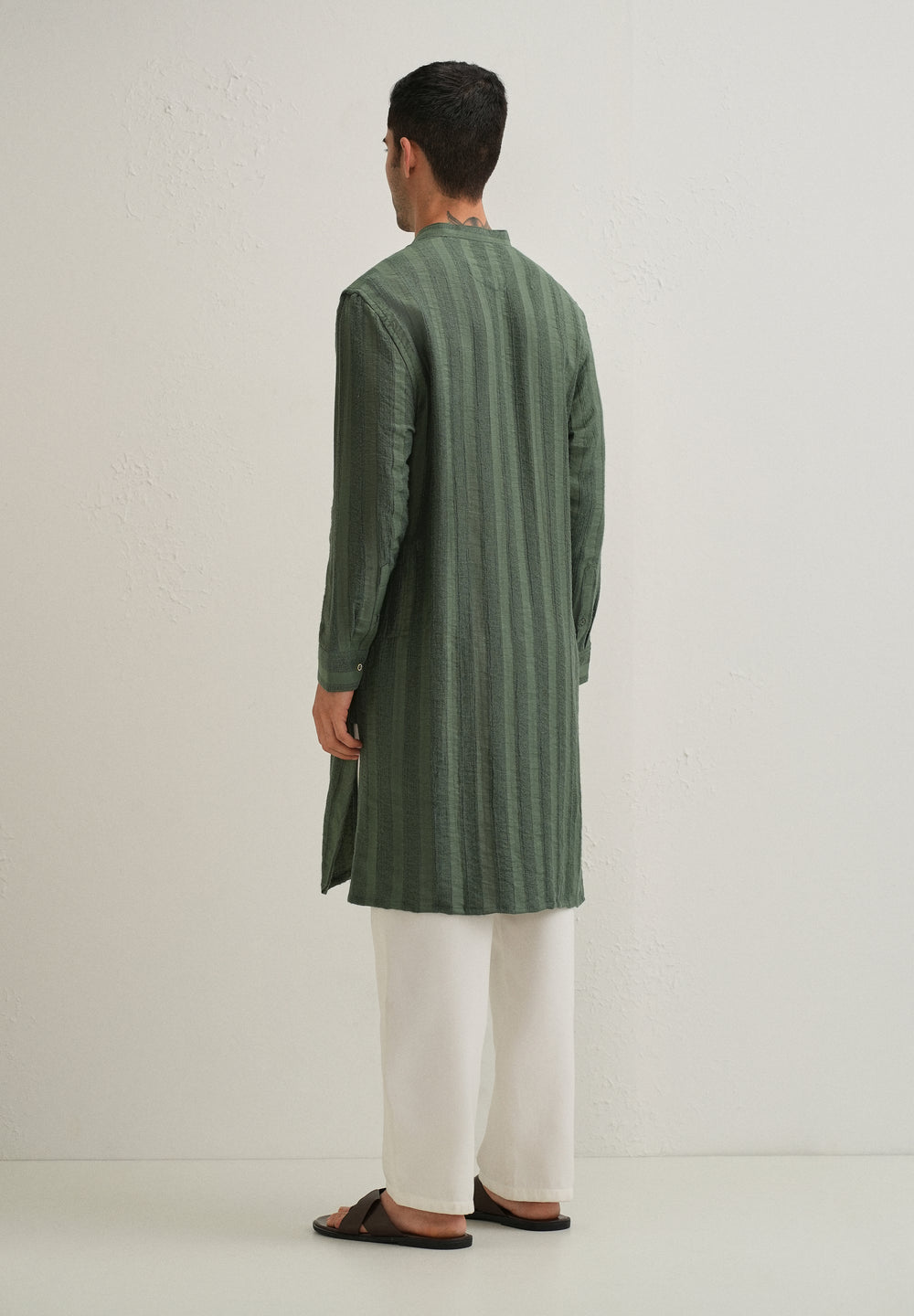 Green Textured Vertical Stripe Kurta