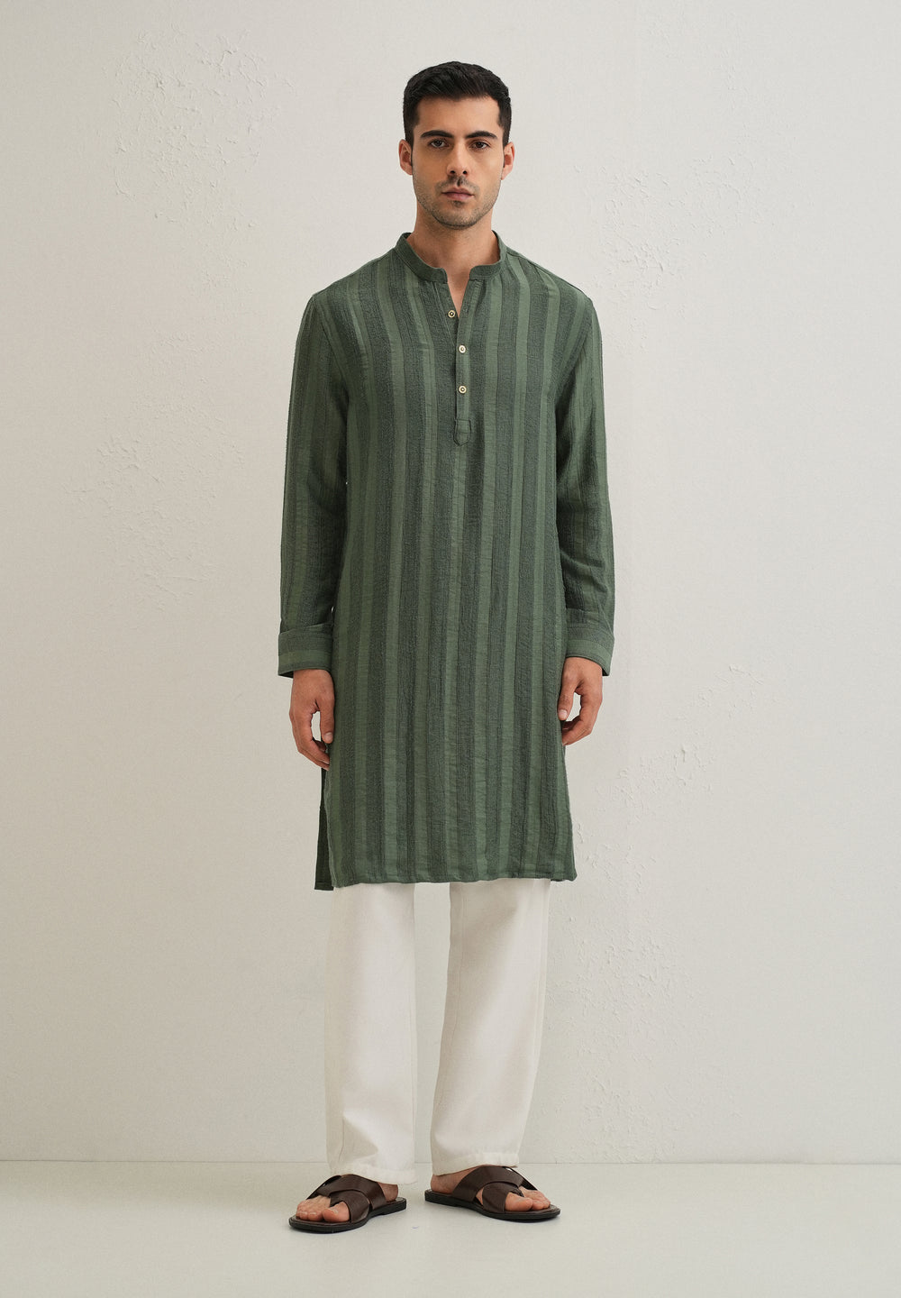 Green Textured Vertical Stripe Kurta