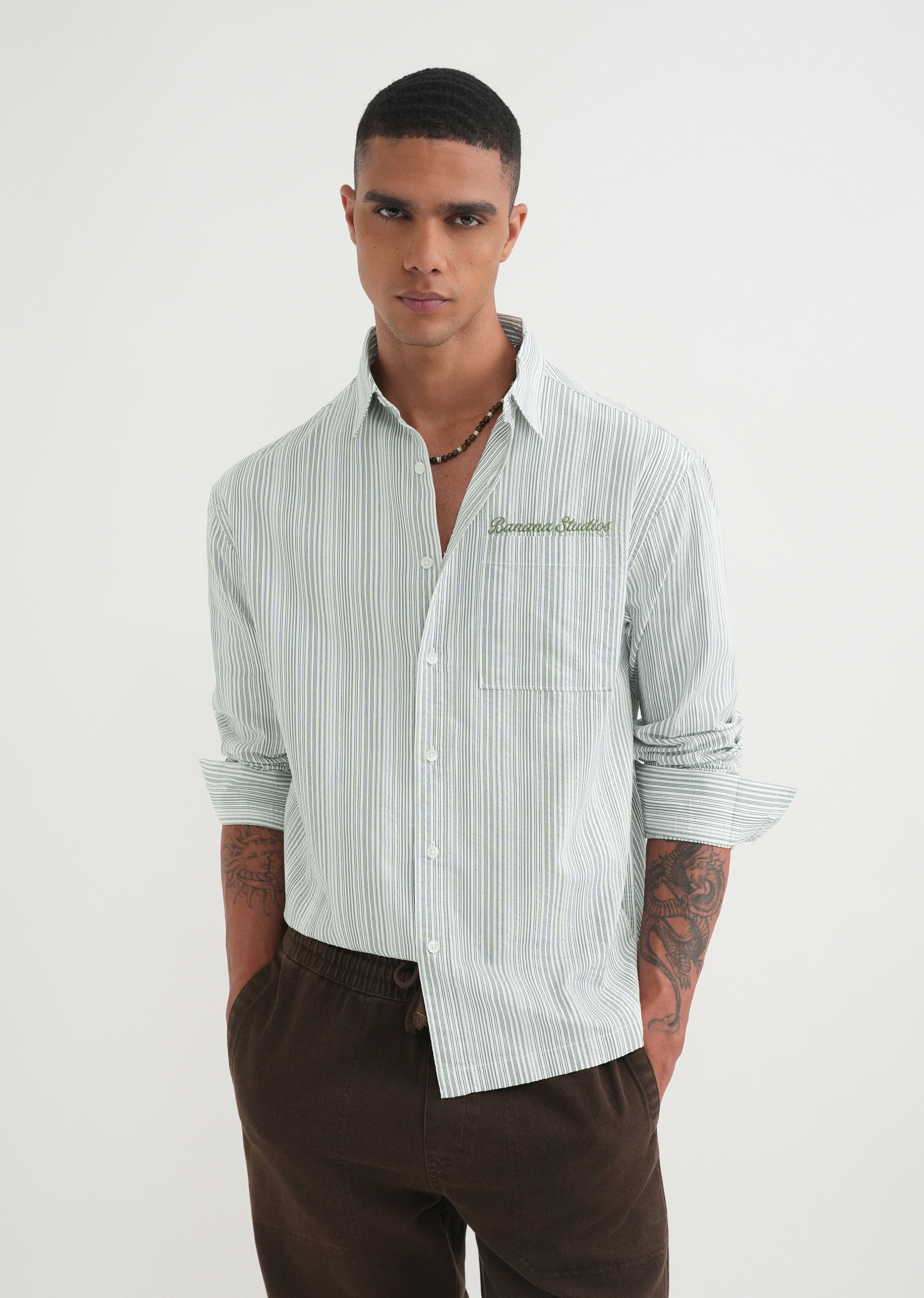Green Textured Vertical Stripe Shirt