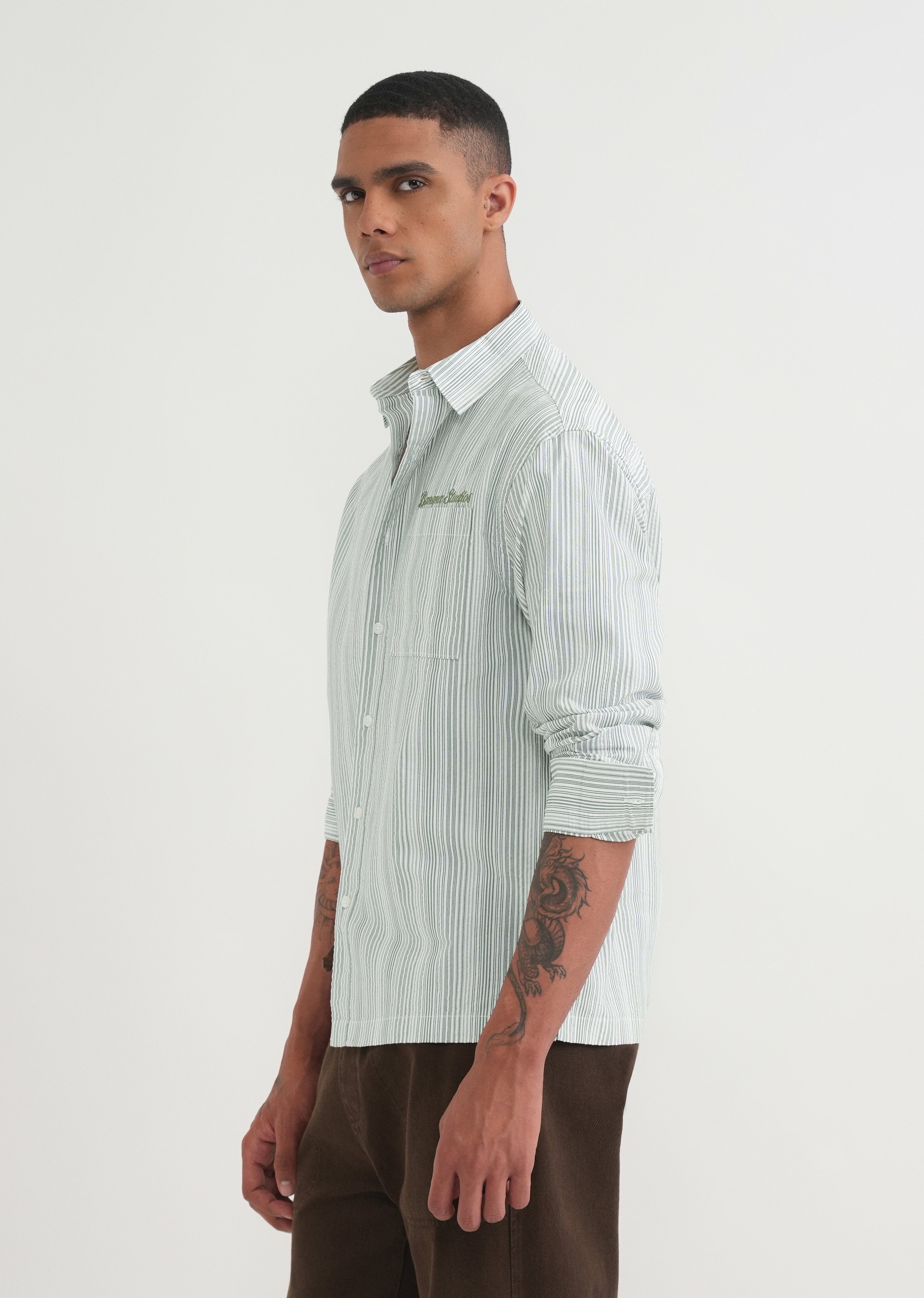 Green Textured Vertical Stripe Shirt