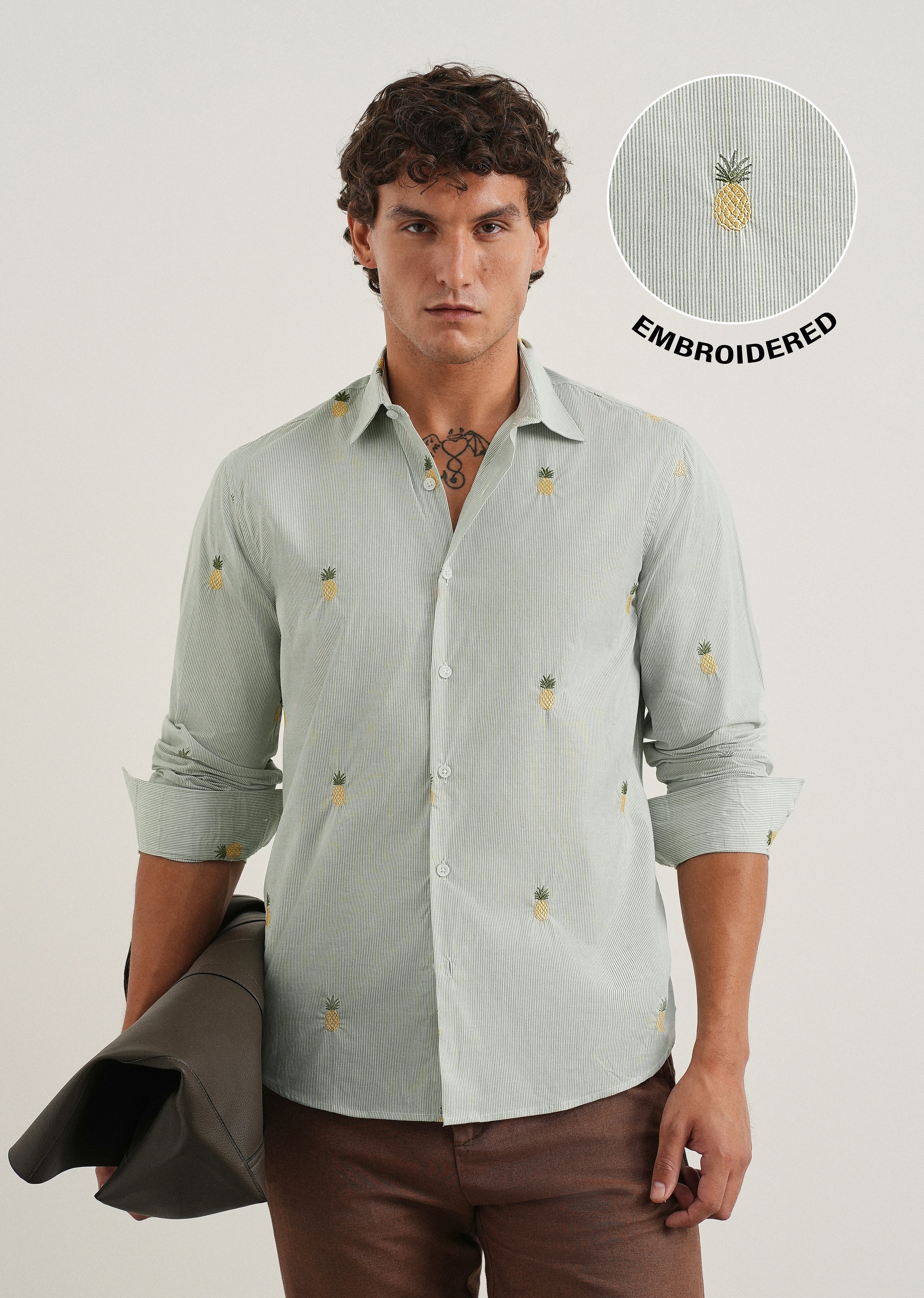 Green Tropical Embroidered Cotton Stripe Shirt