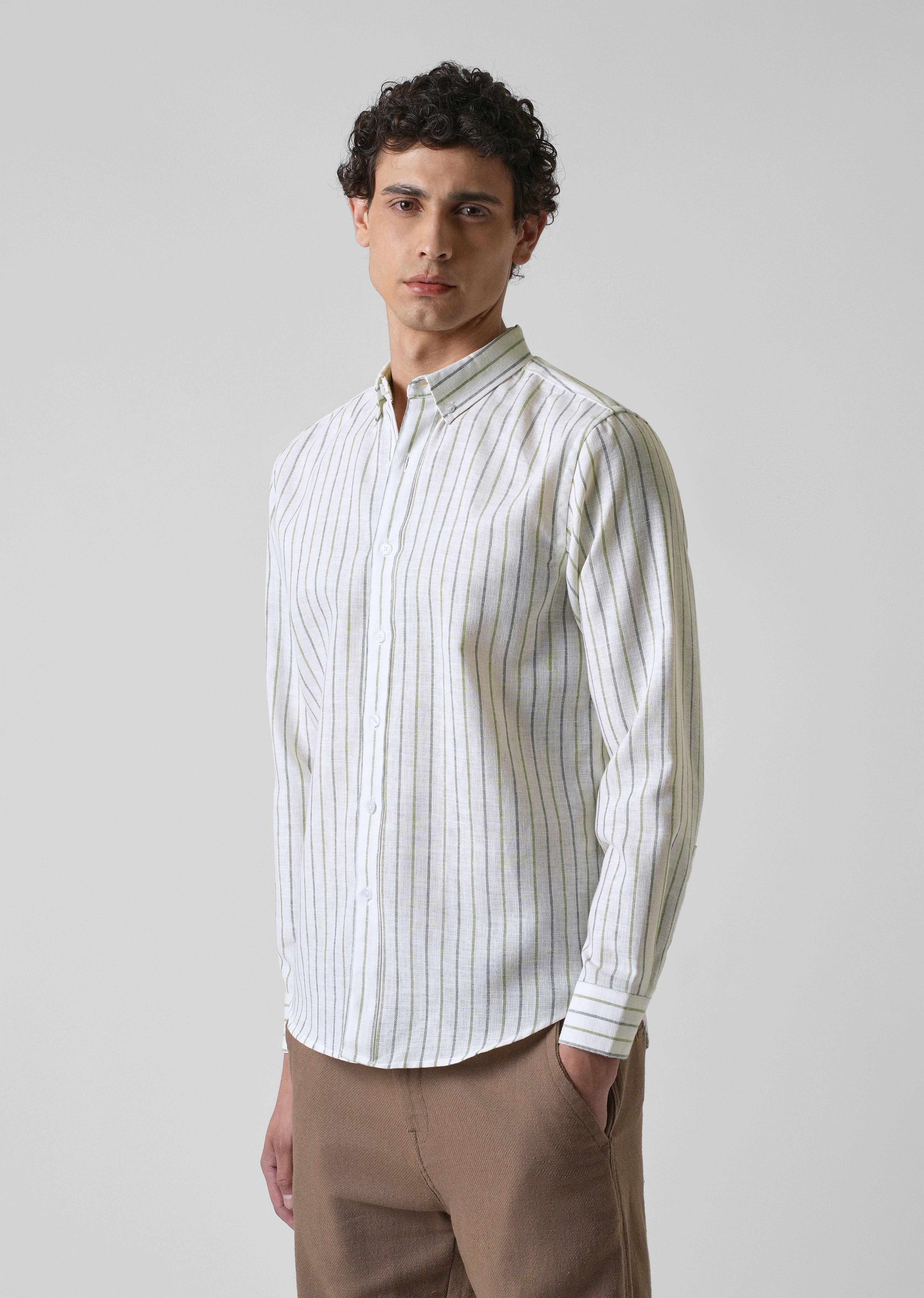 Green Blue Blended Cotton Pin Stripe Shirt