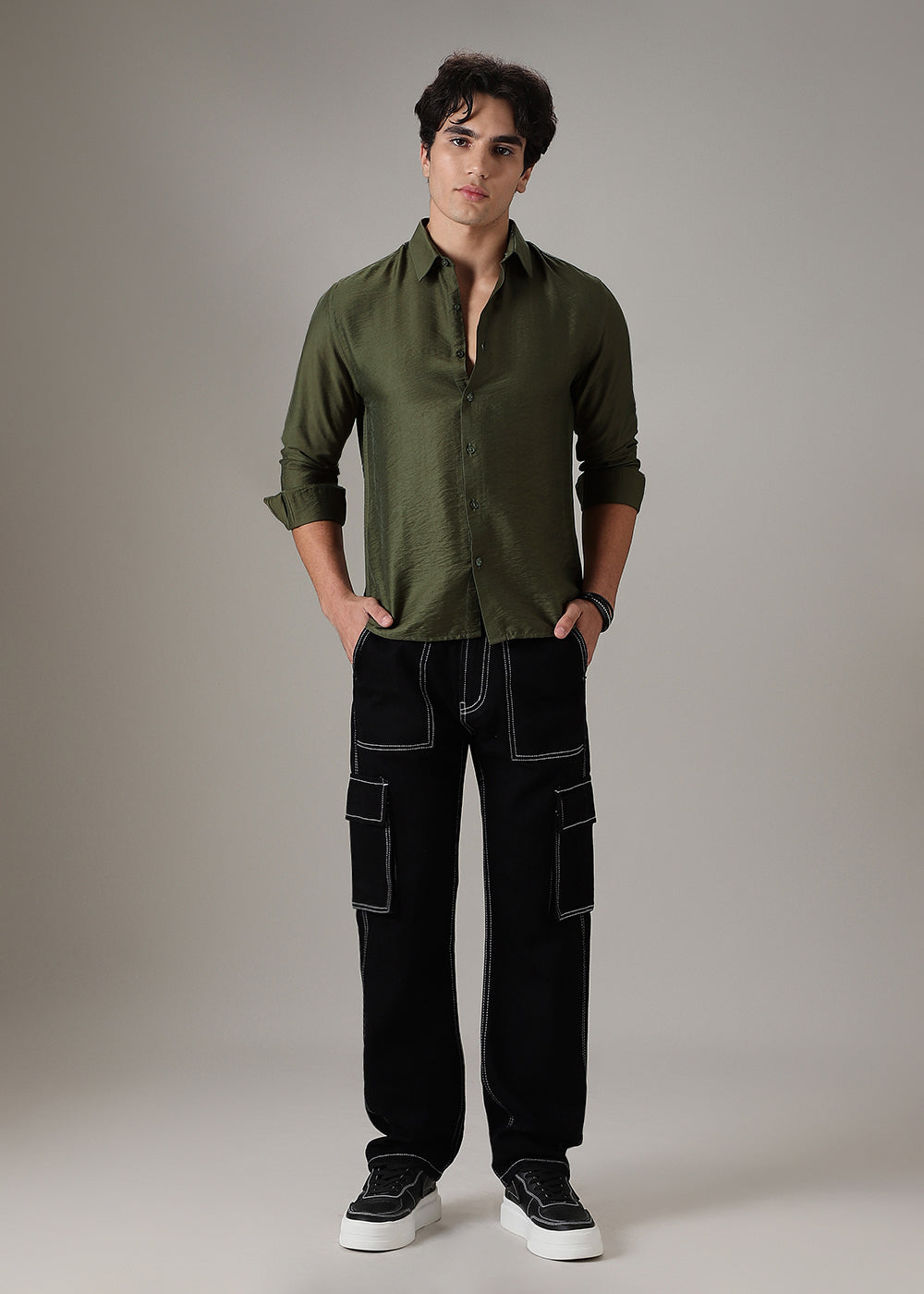 Green Plain Crushed Satin Shirt