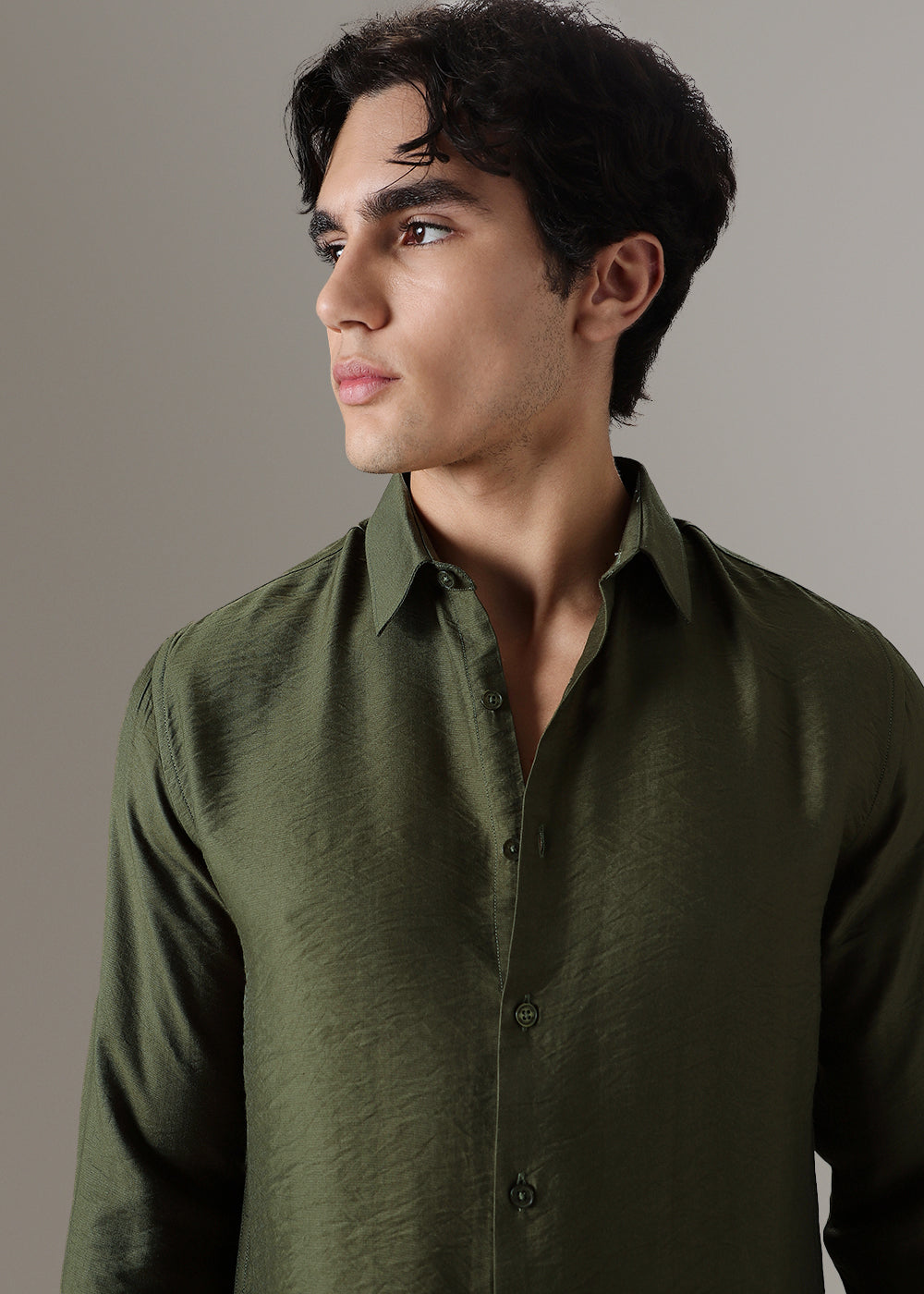 Green Plain Crushed Satin Shirt
