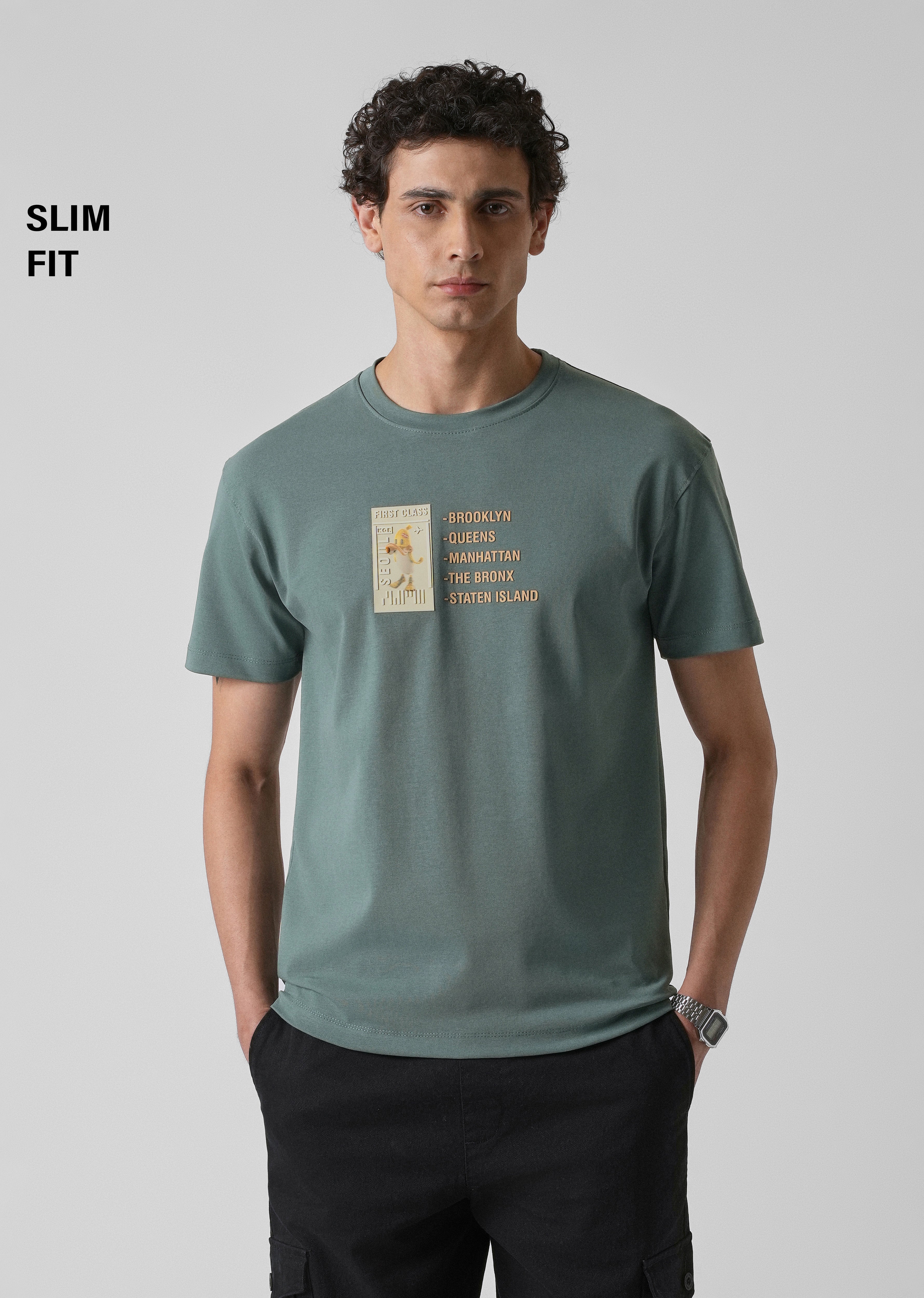 Green Embossed Printed Slim Fit T-shirt
