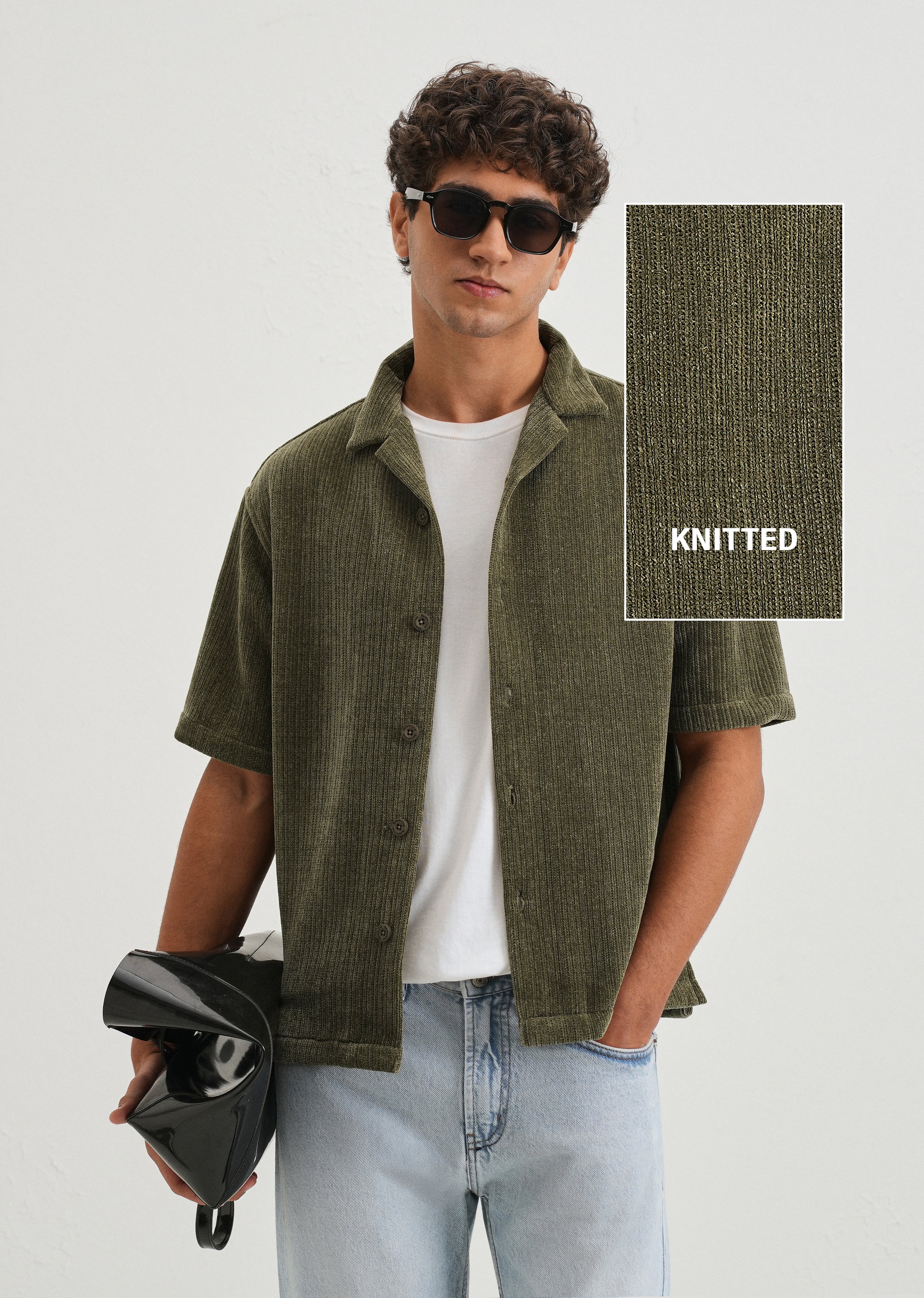Green Suede Knit Cuban Collar Shirt