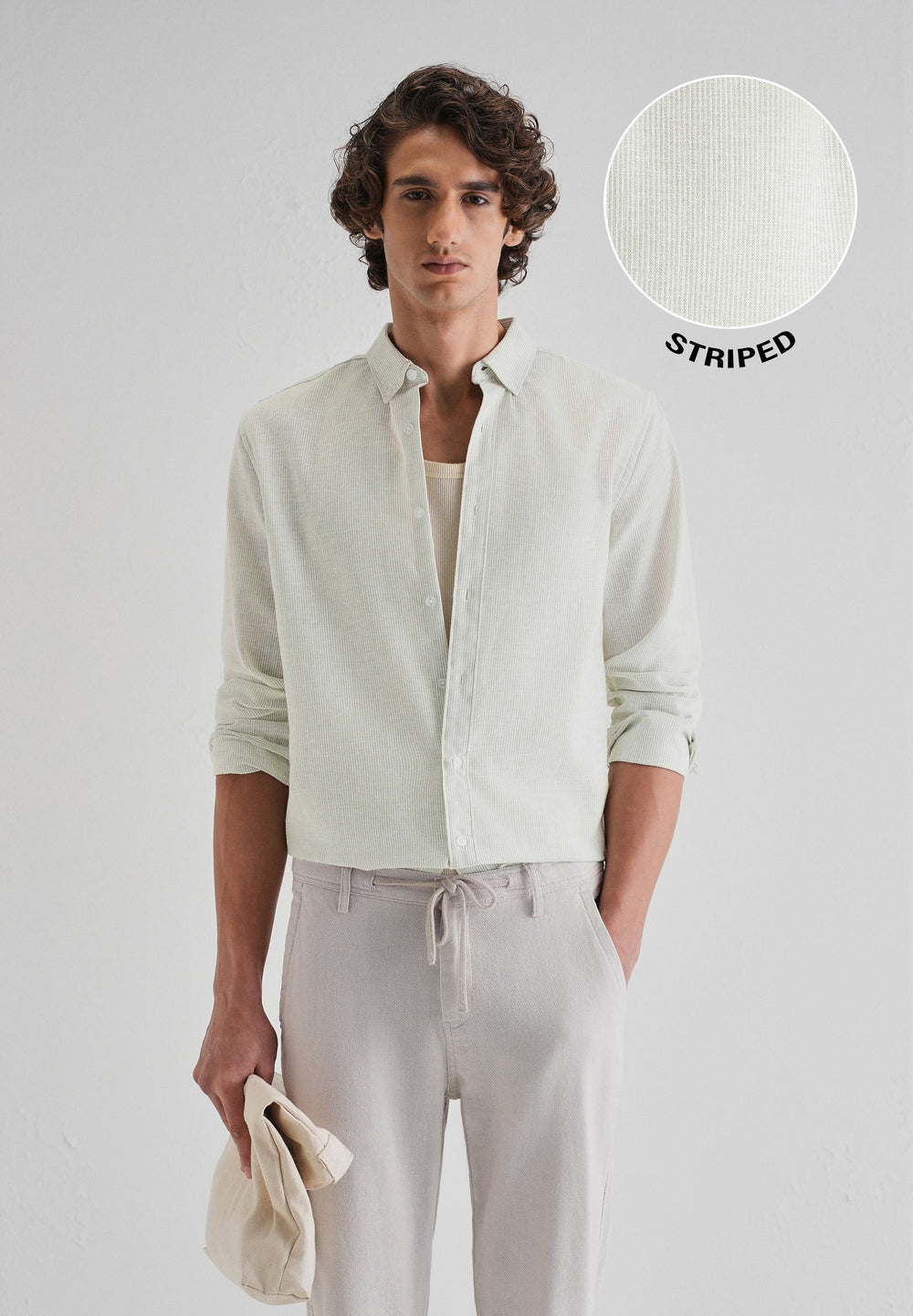 Green Micro Striped Blended Linen Shirt