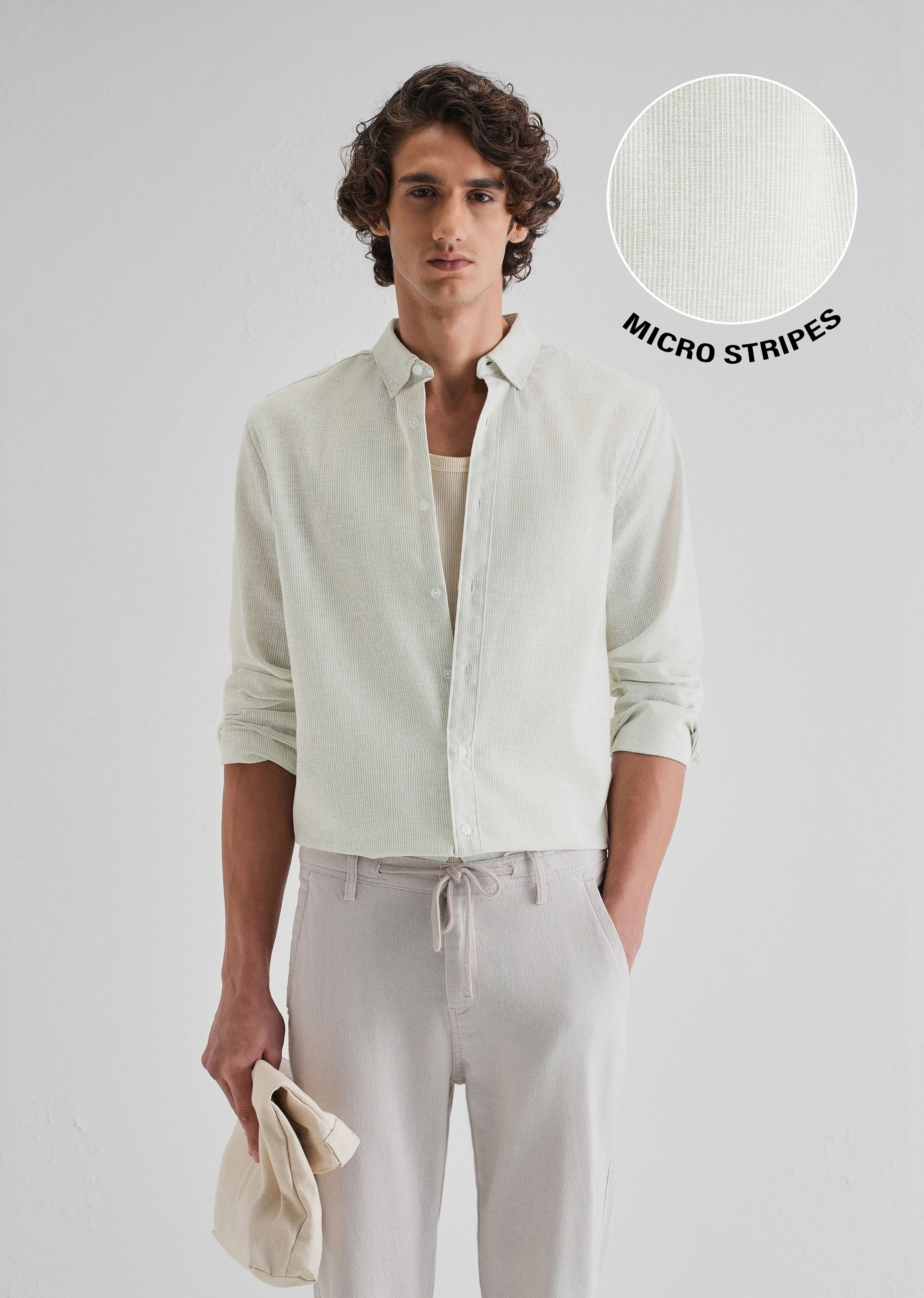Green Micro Striped Blended Linen Shirt