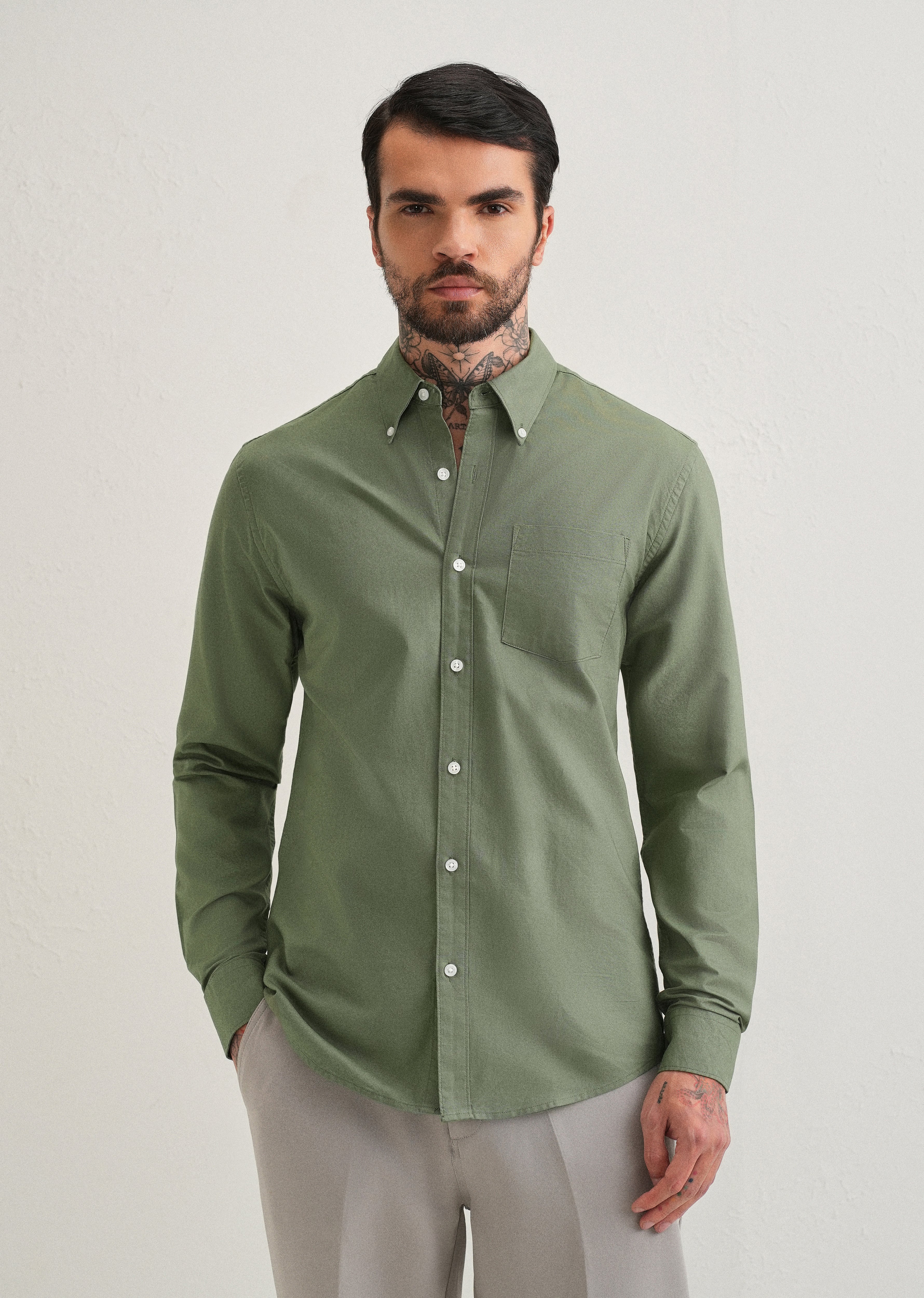 Green Plain Cotton Oxford Shirt