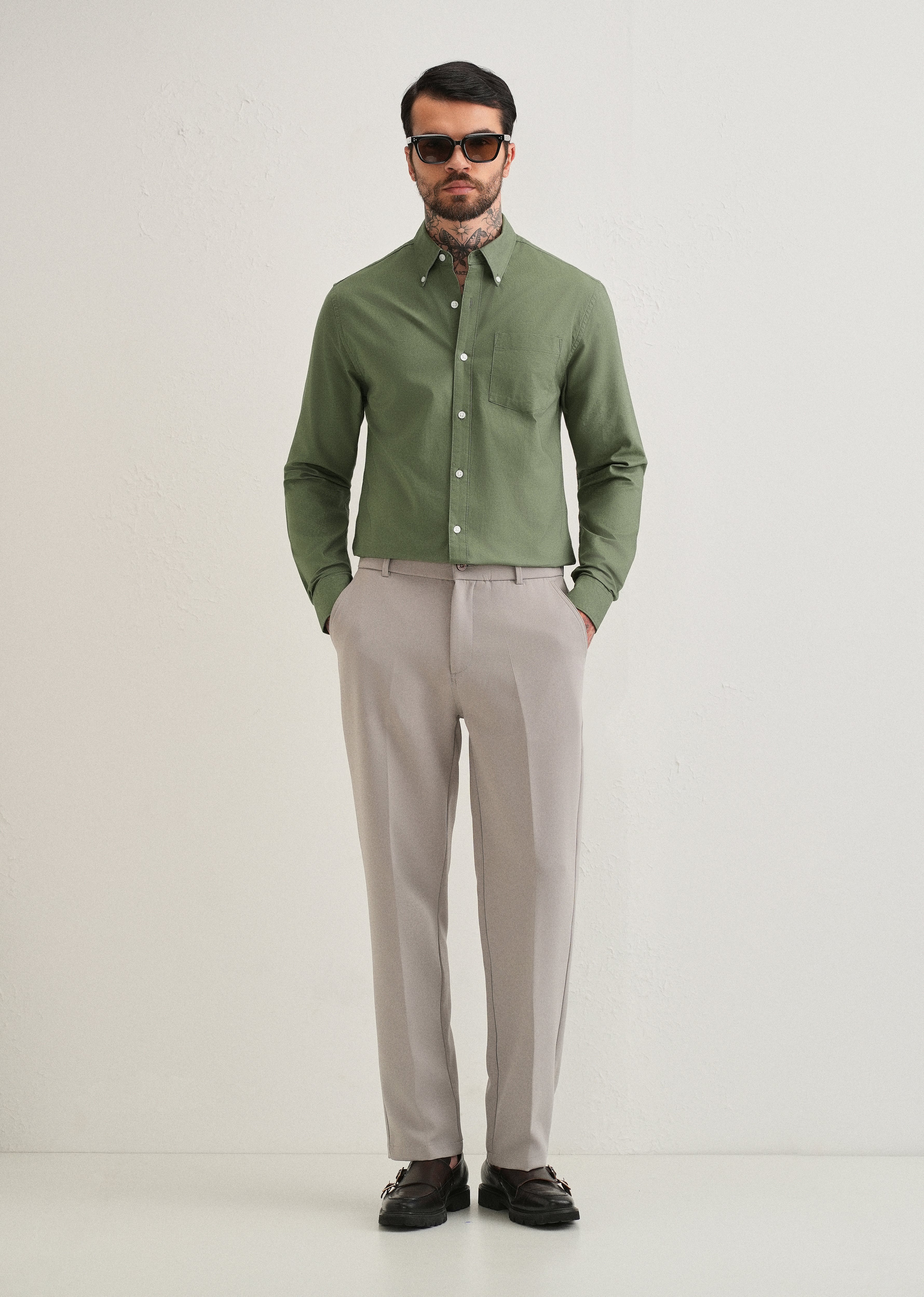 Green Plain Cotton Oxford Shirt
