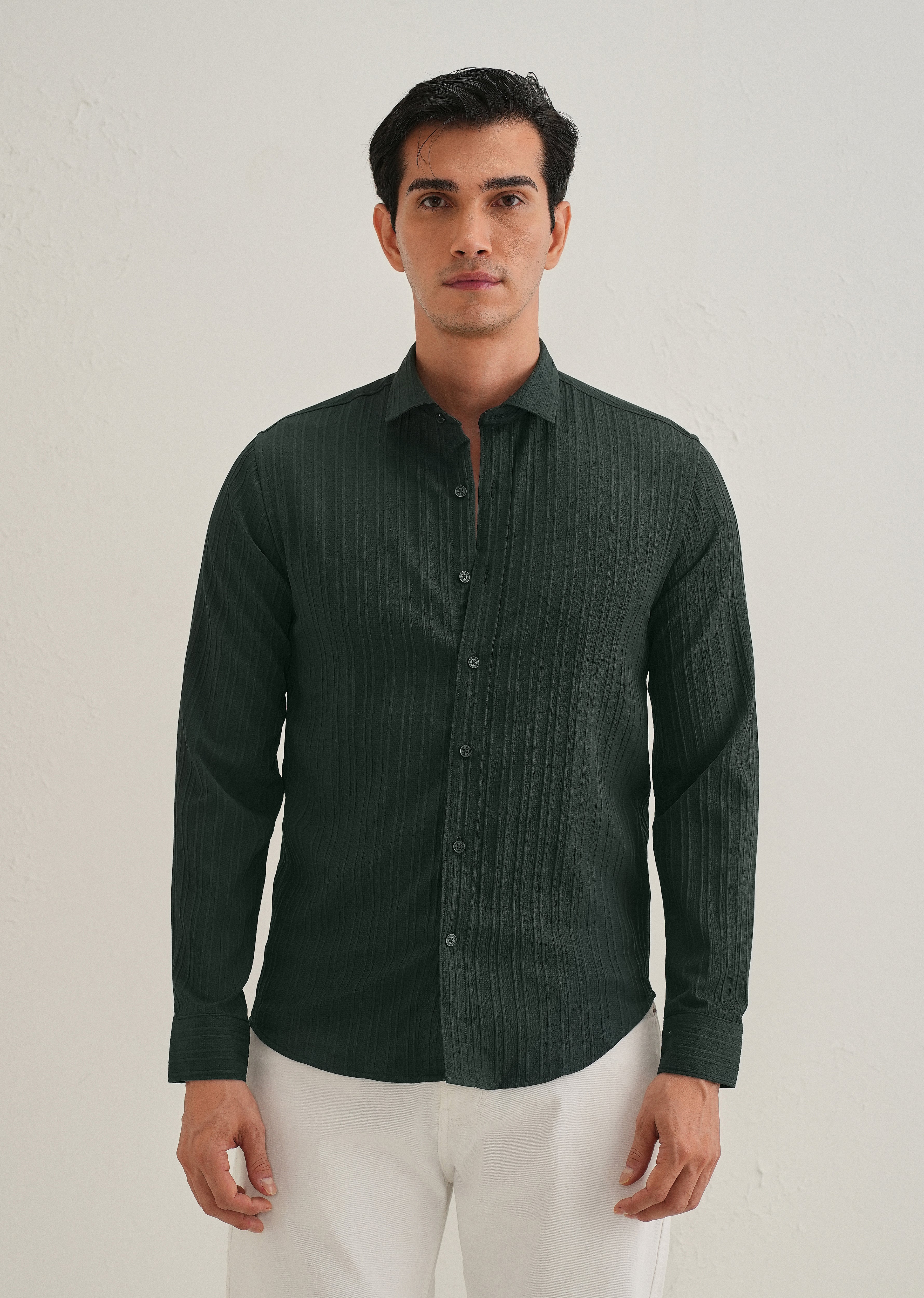 Green Plain Self Striped Shirt