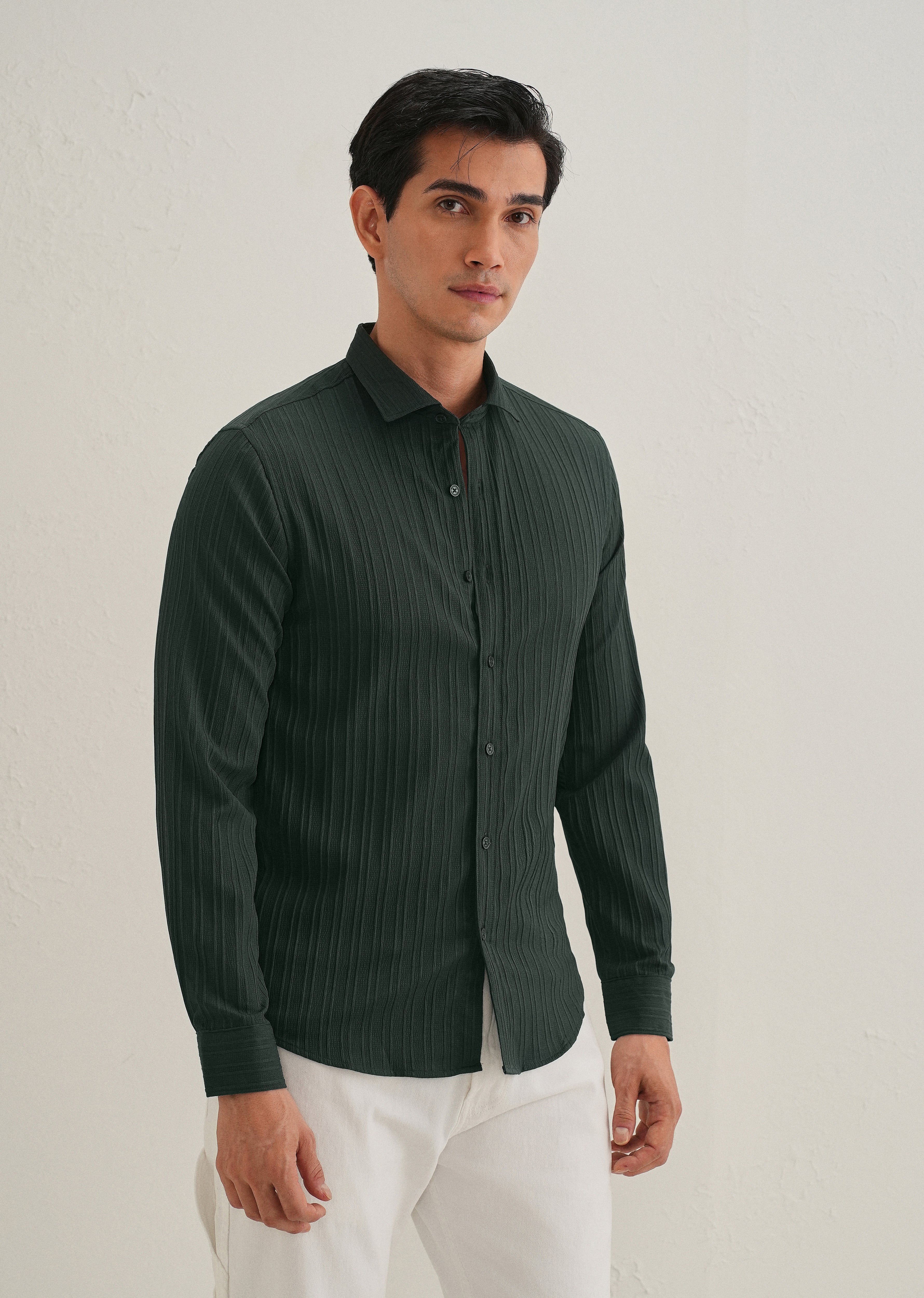 Green Plain Self Striped Shirt