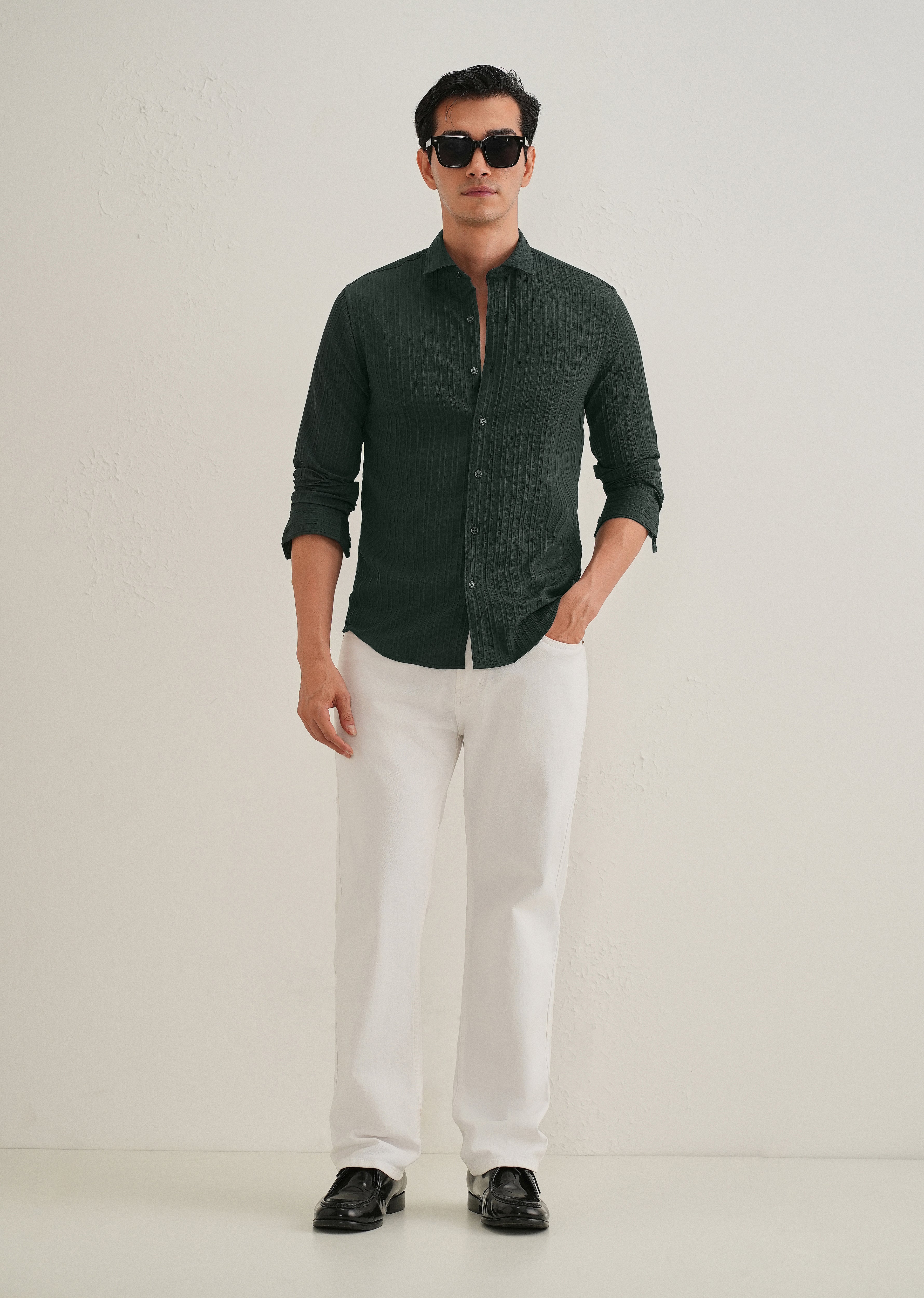 Green Plain Self Striped Shirt