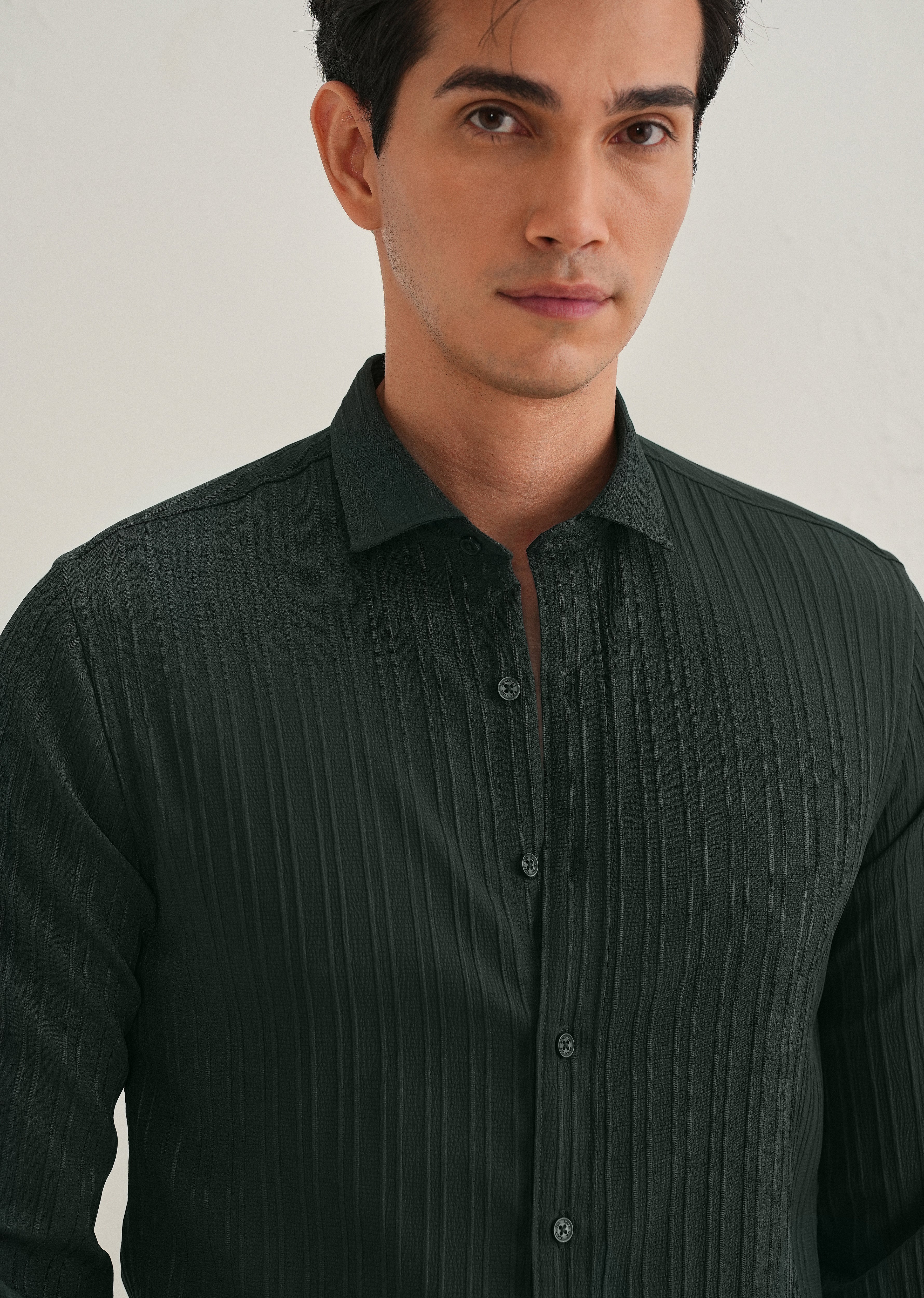 Green Plain Self Striped Shirt
