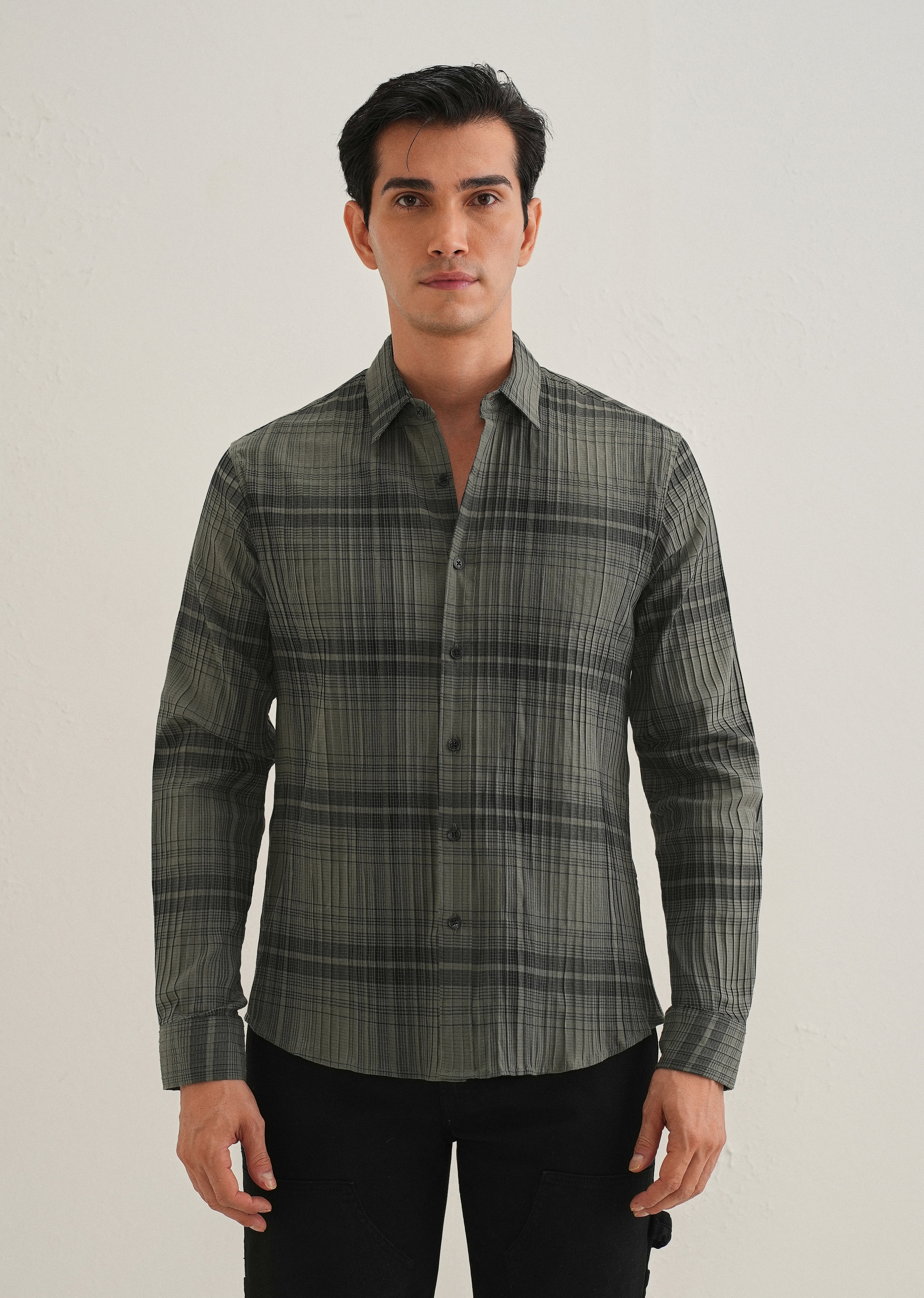 Green Self-Pleated Check Shirt