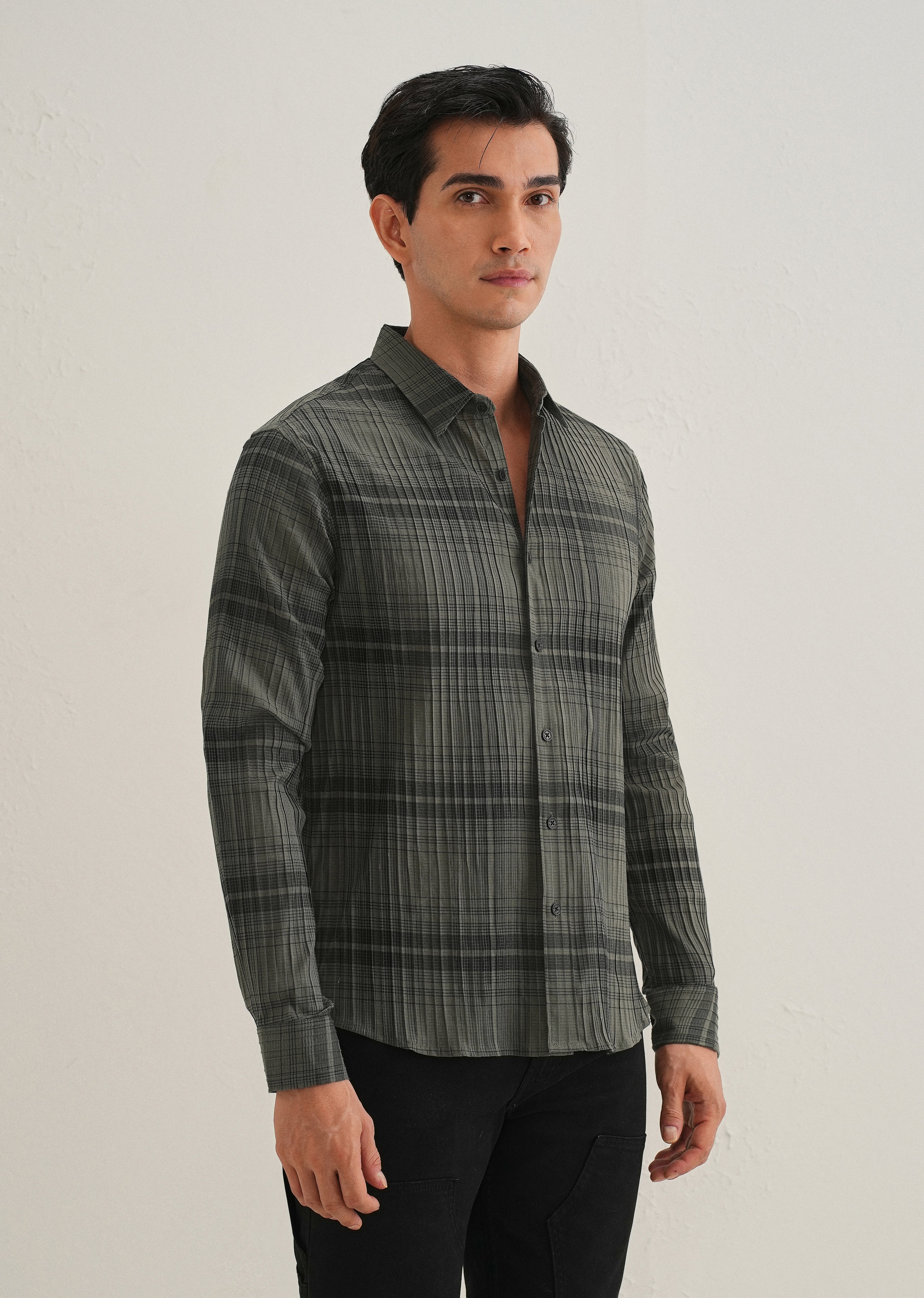 Green Self-Pleated Check Shirt