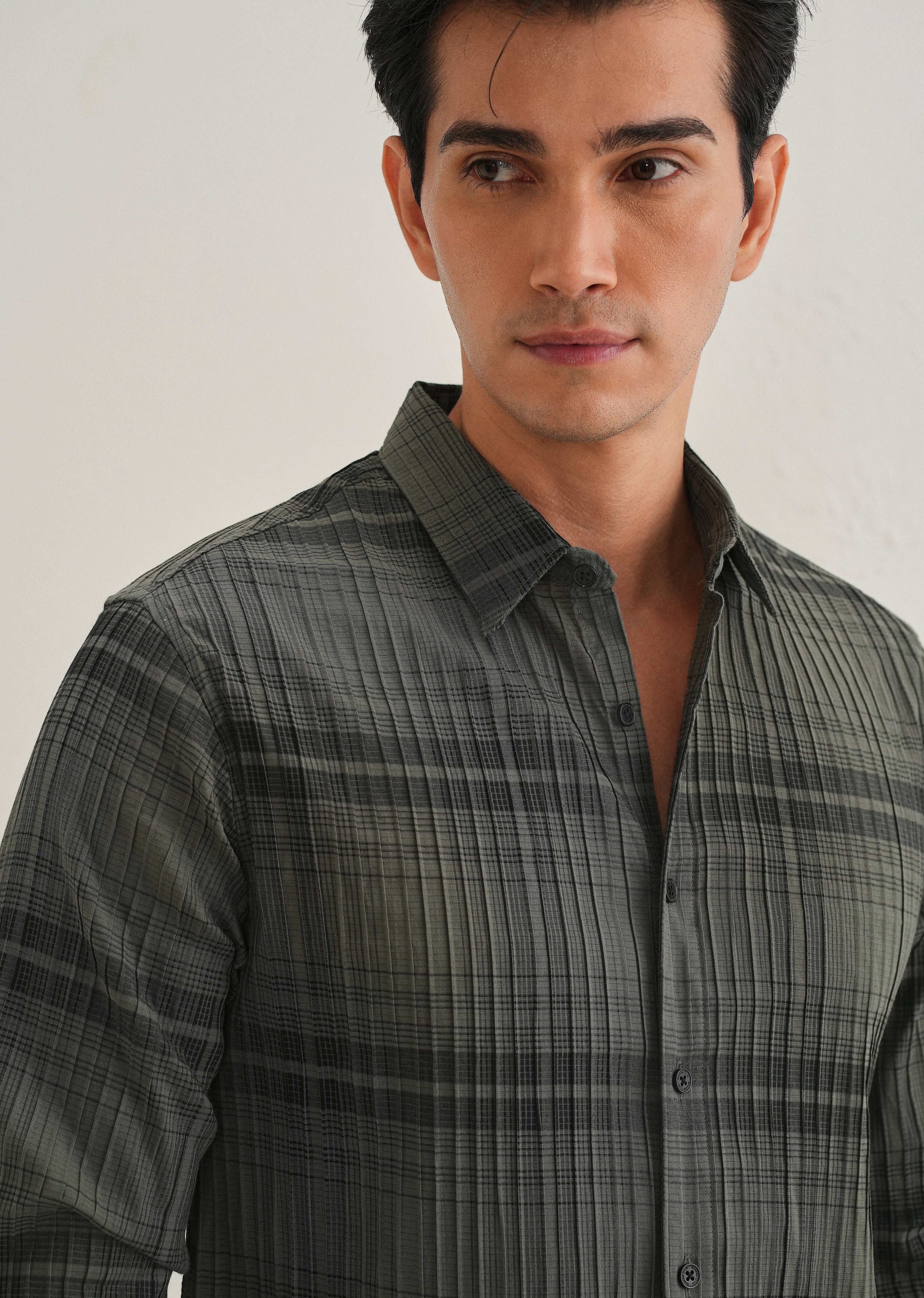 Green Self-Pleated Check Shirt