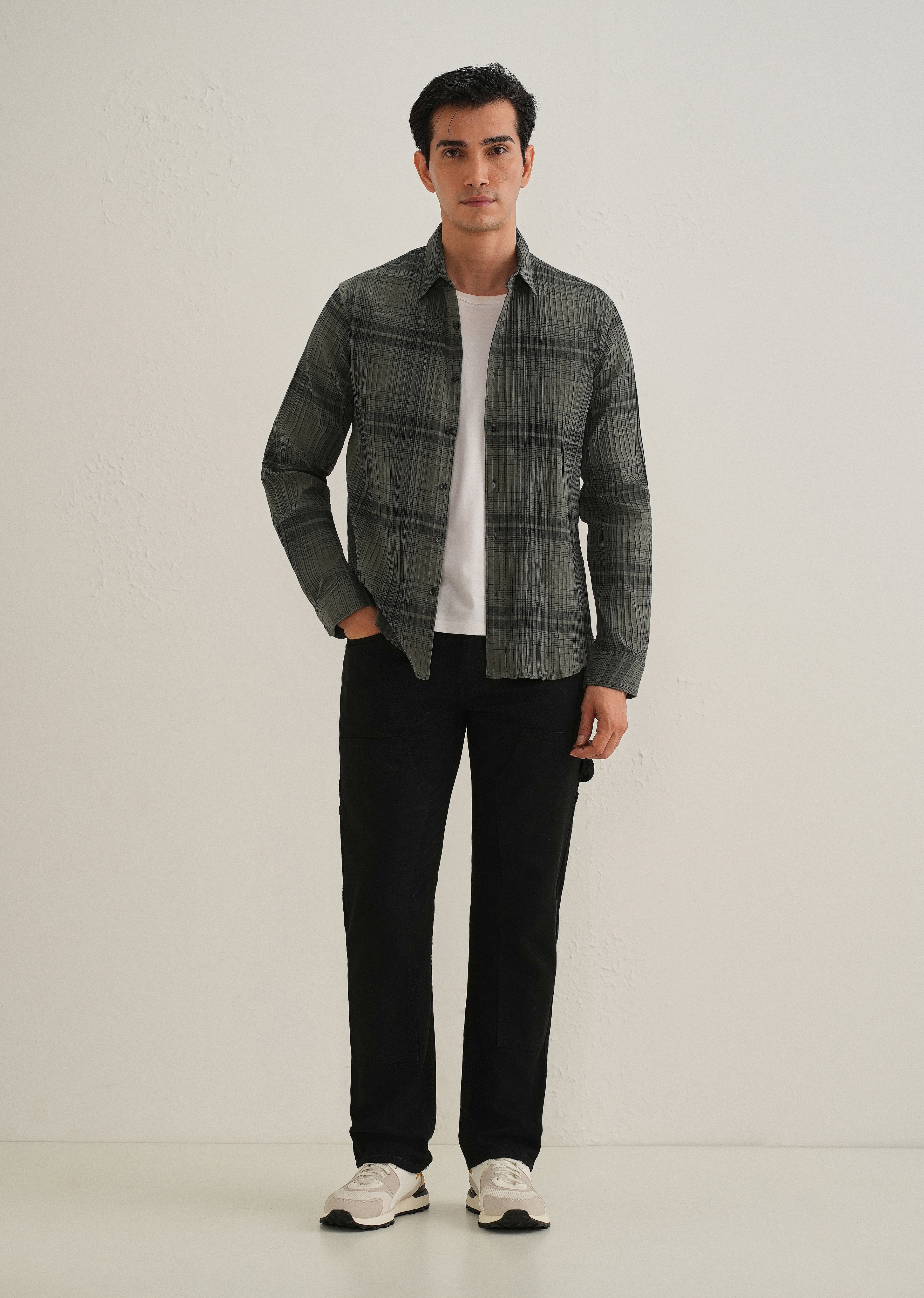 Green Self-Pleated Check Shirt