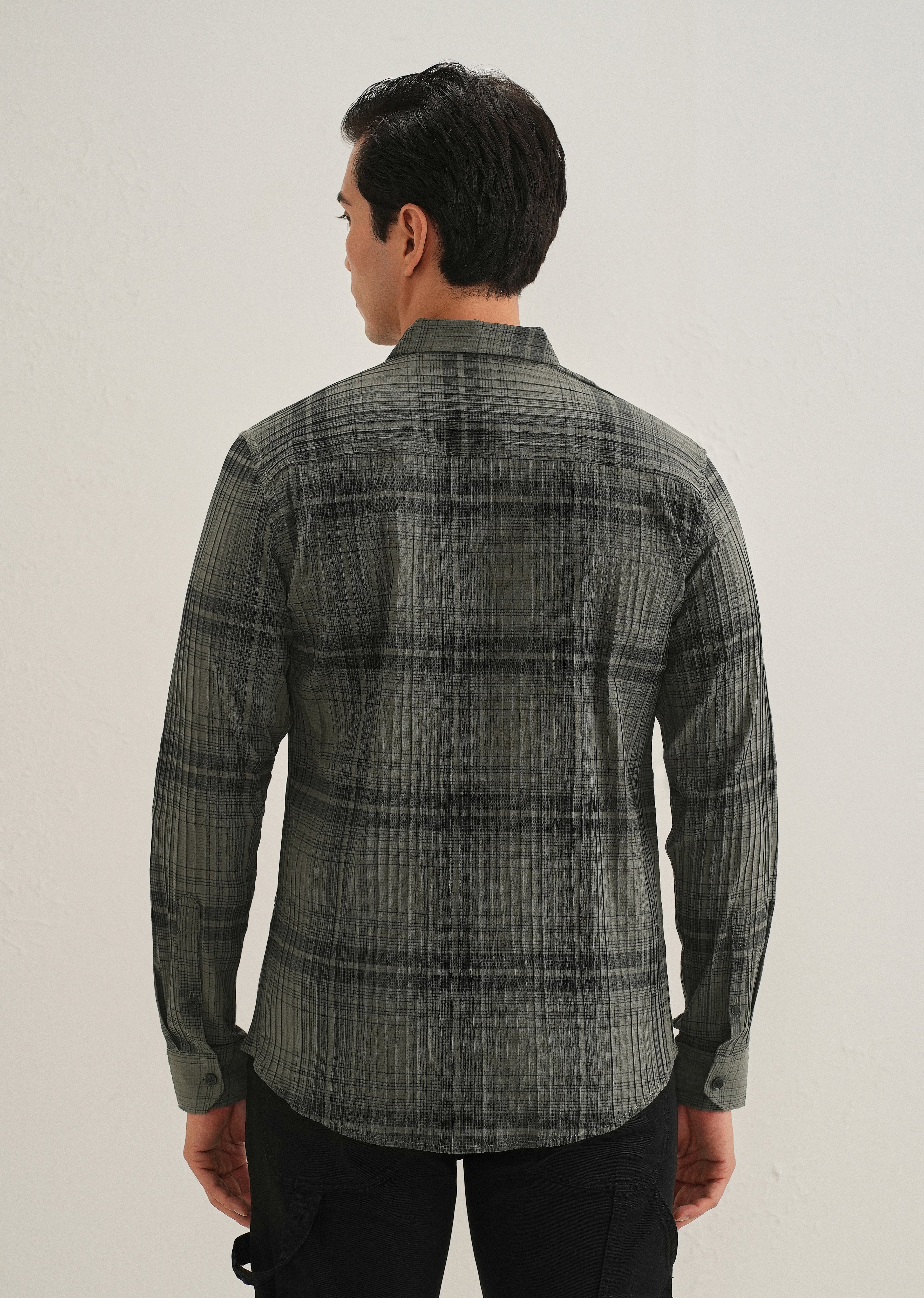 Green Self-Pleated Check Shirt