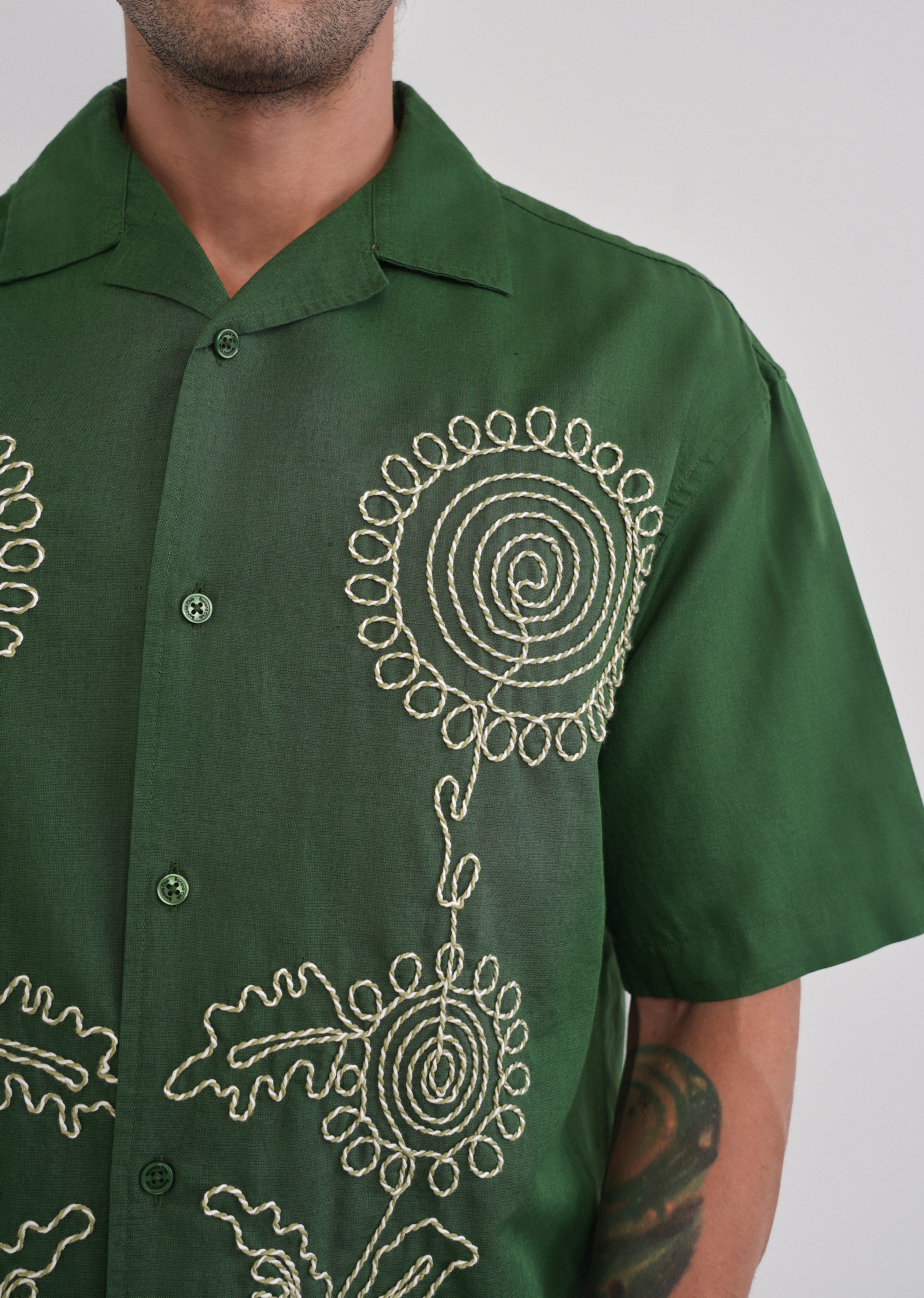 Green Floral Thread Work Shirt