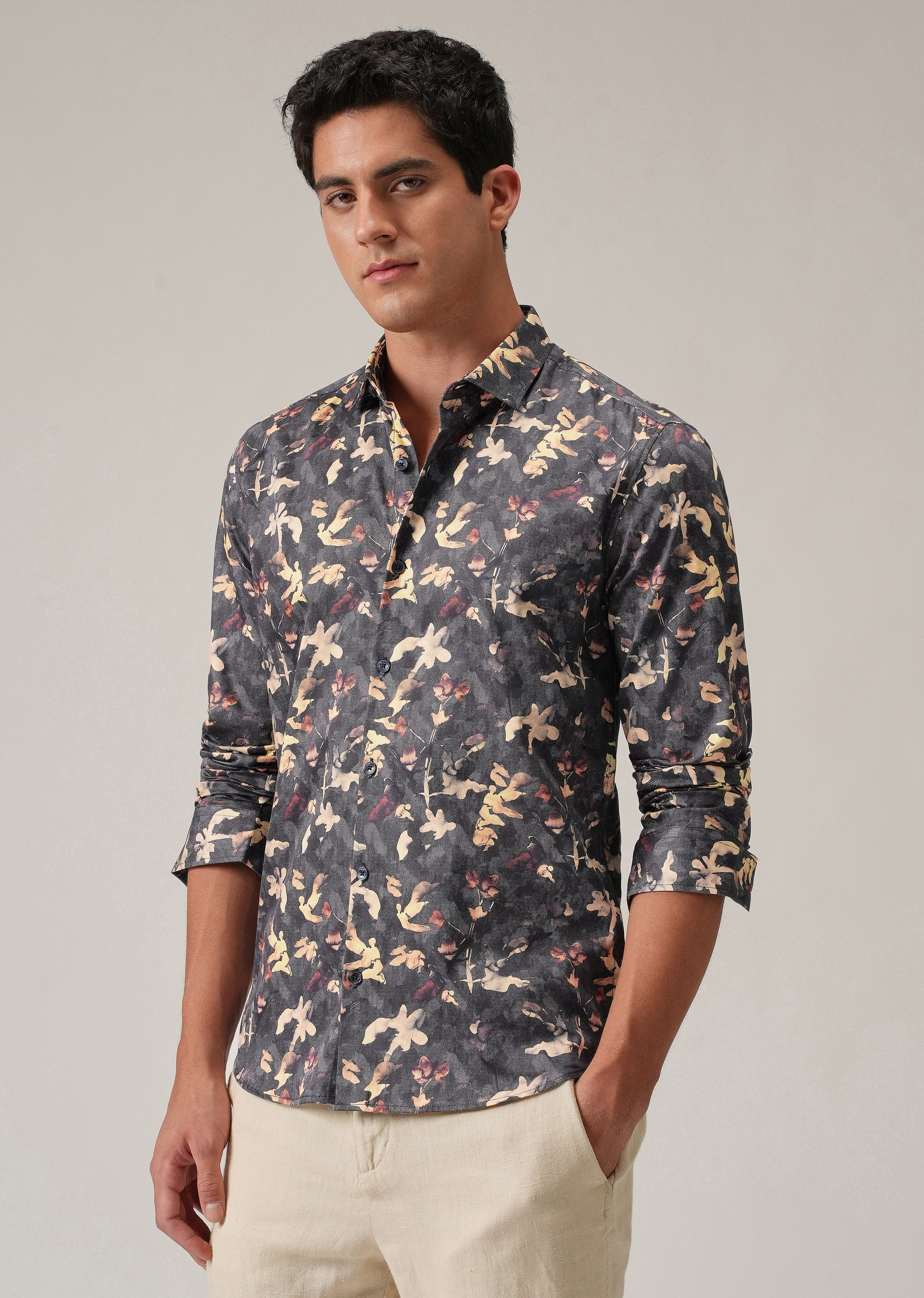 Grey Abstract Floral Print Shirt