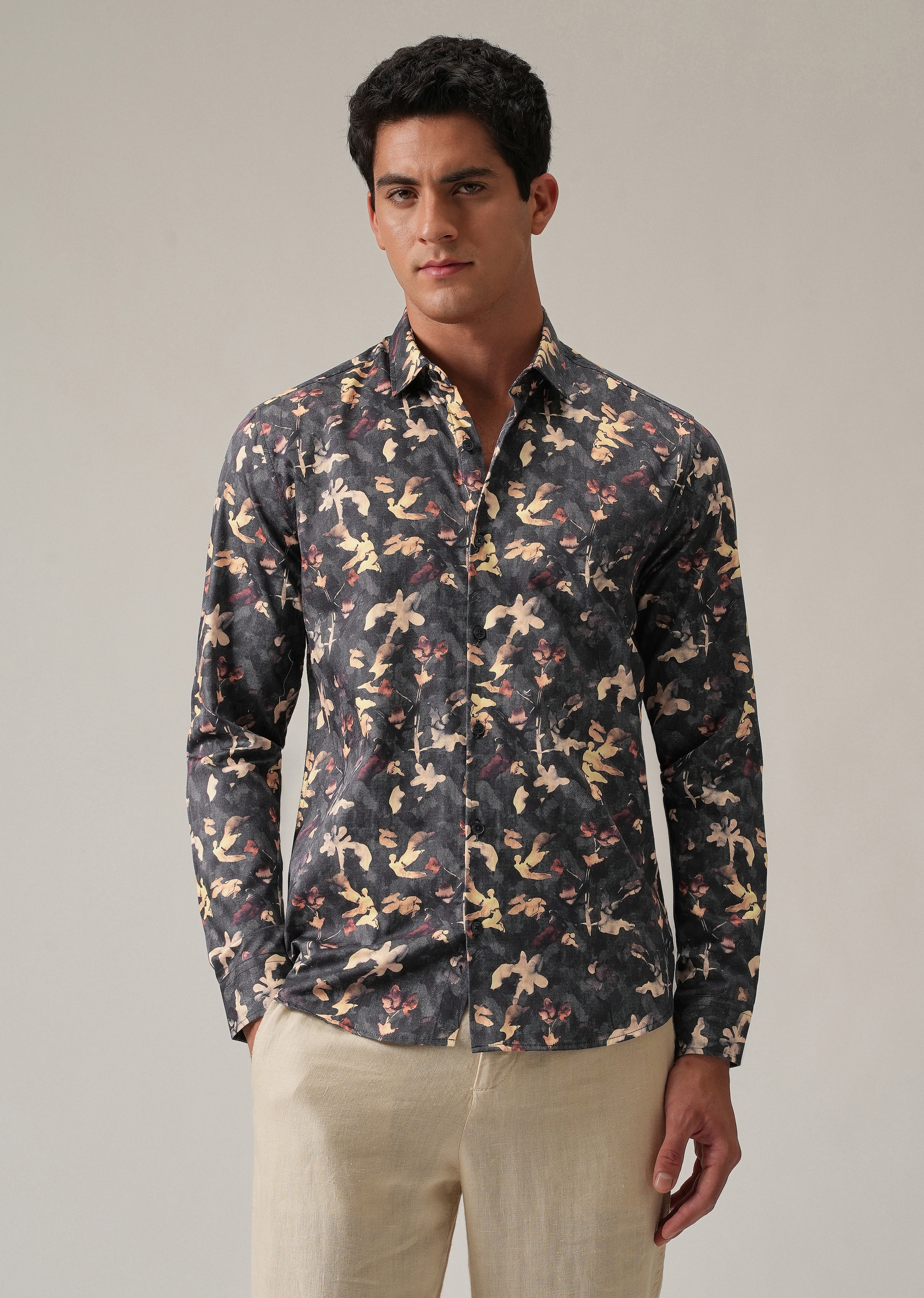 Grey Abstract Floral Print Shirt