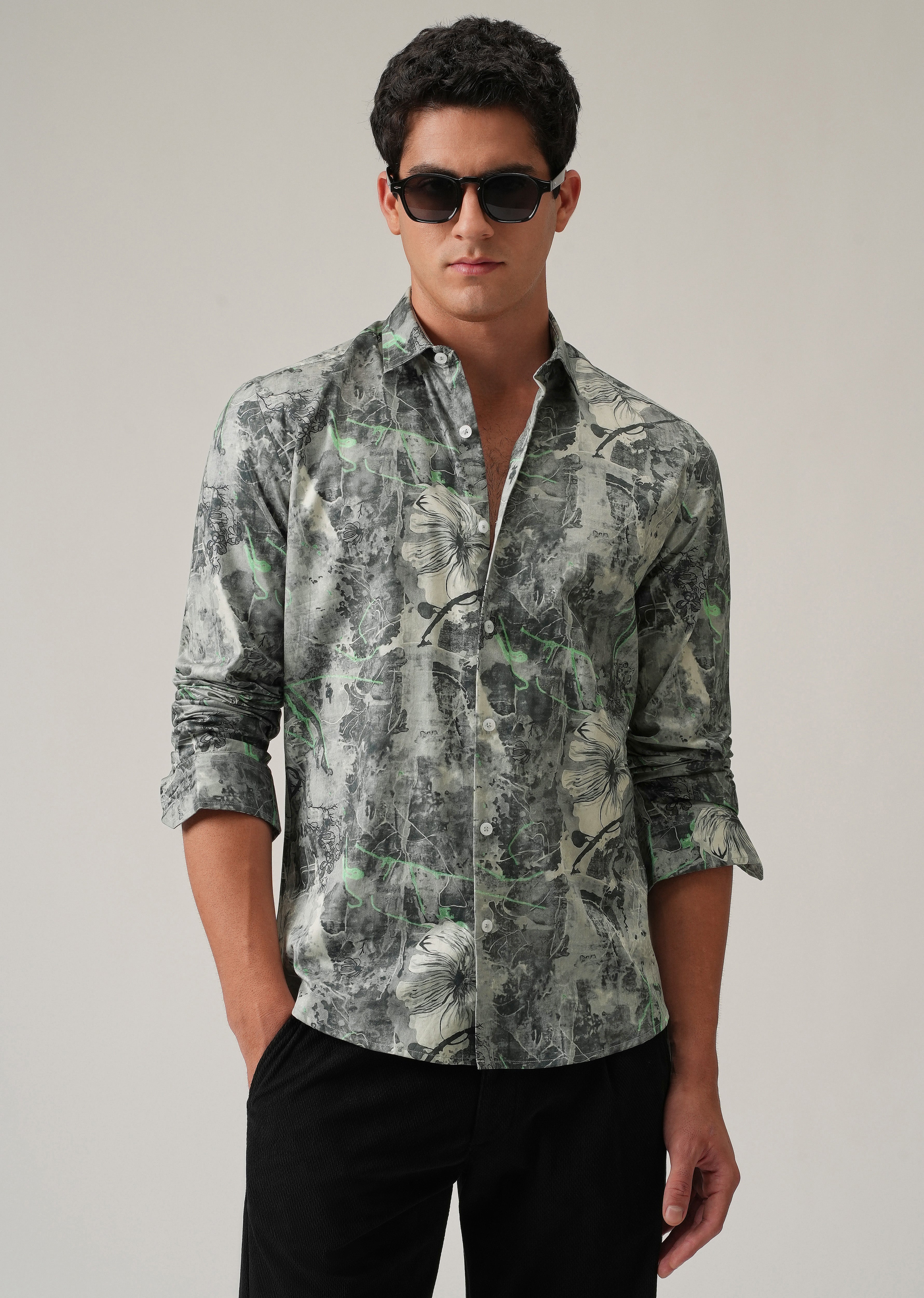 Grey Artistic Floral Print Shirt