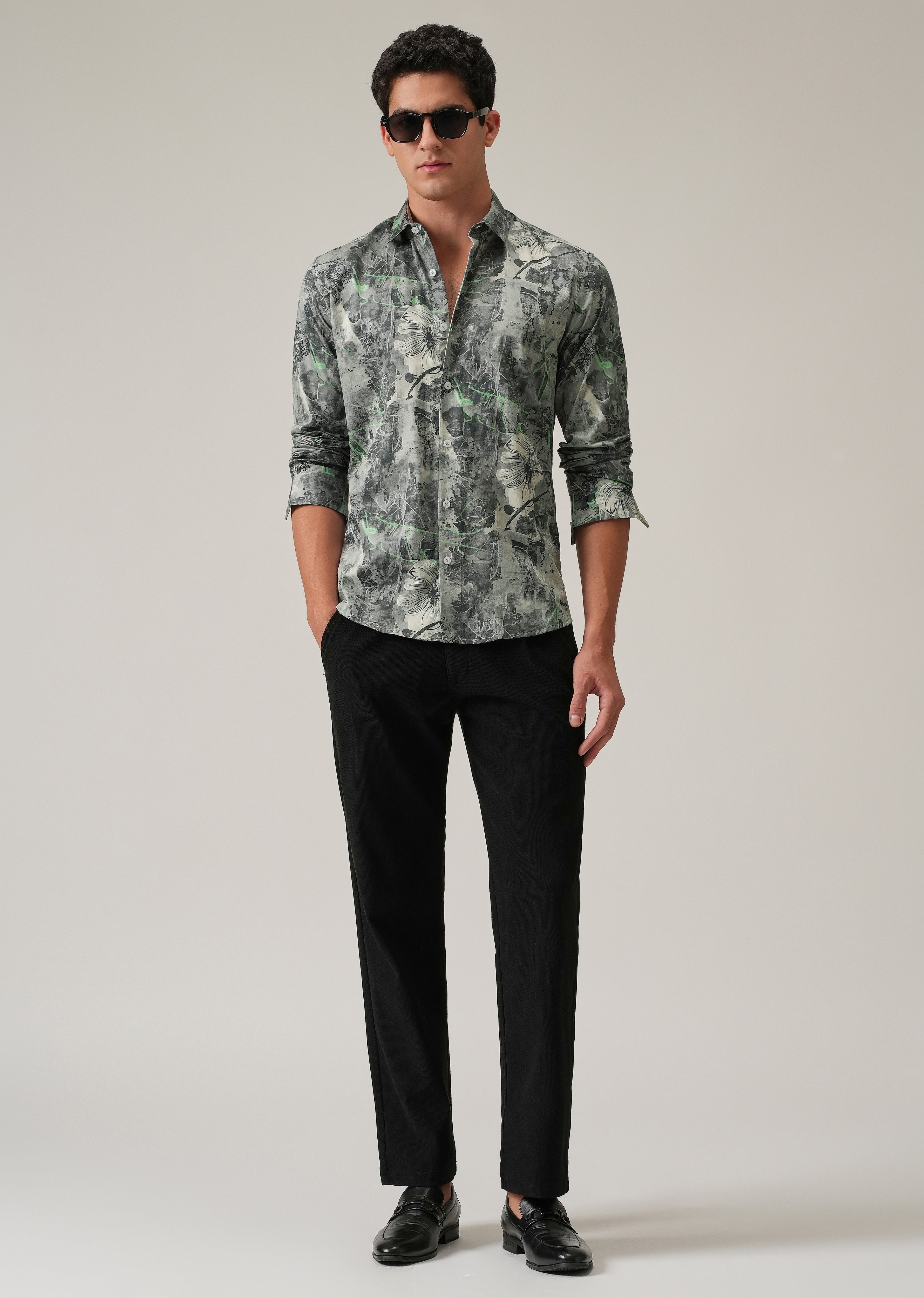 Grey Artistic Floral Print Shirt