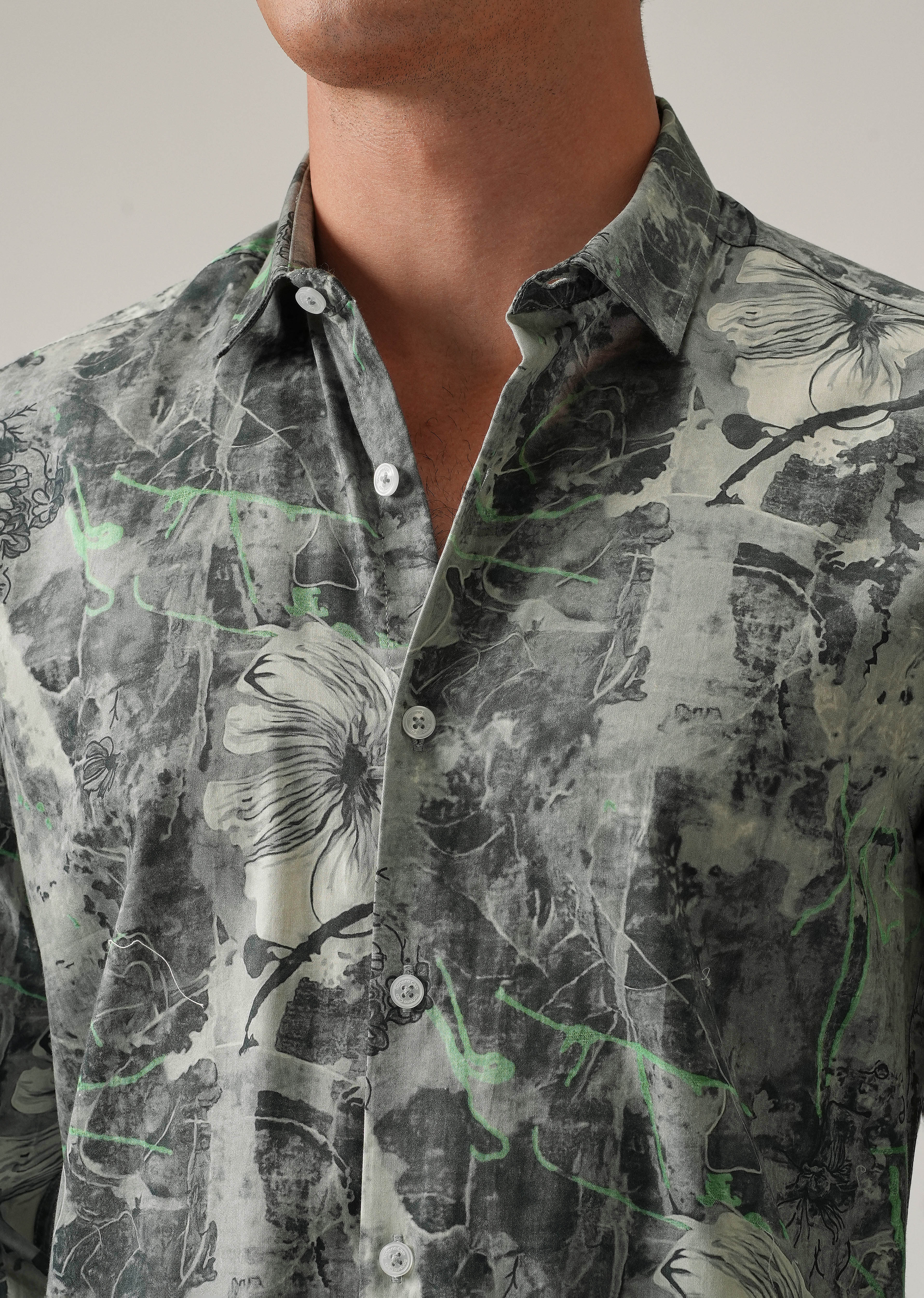 Grey Artistic Floral Print Shirt
