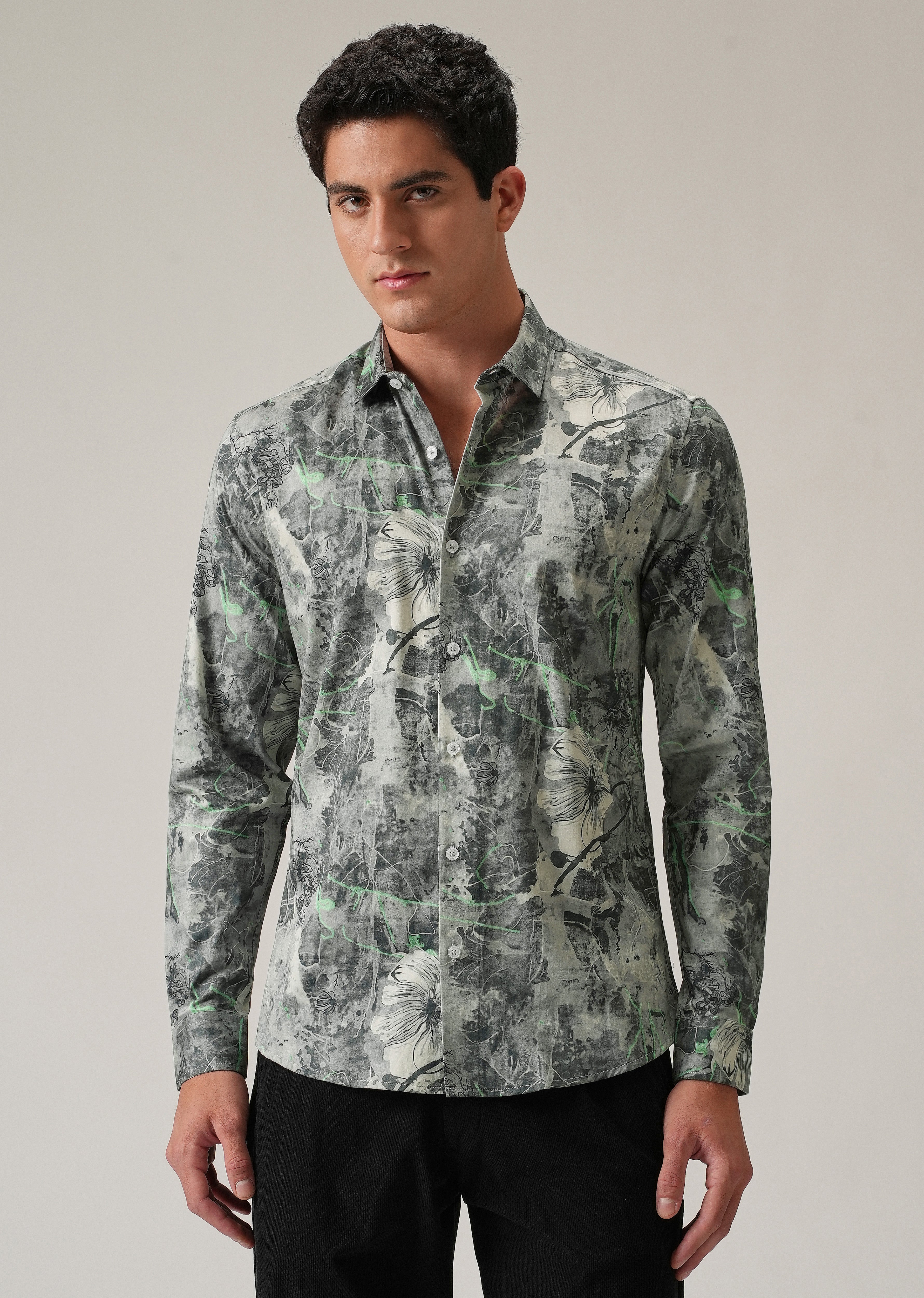 Grey Artistic Floral Print Shirt