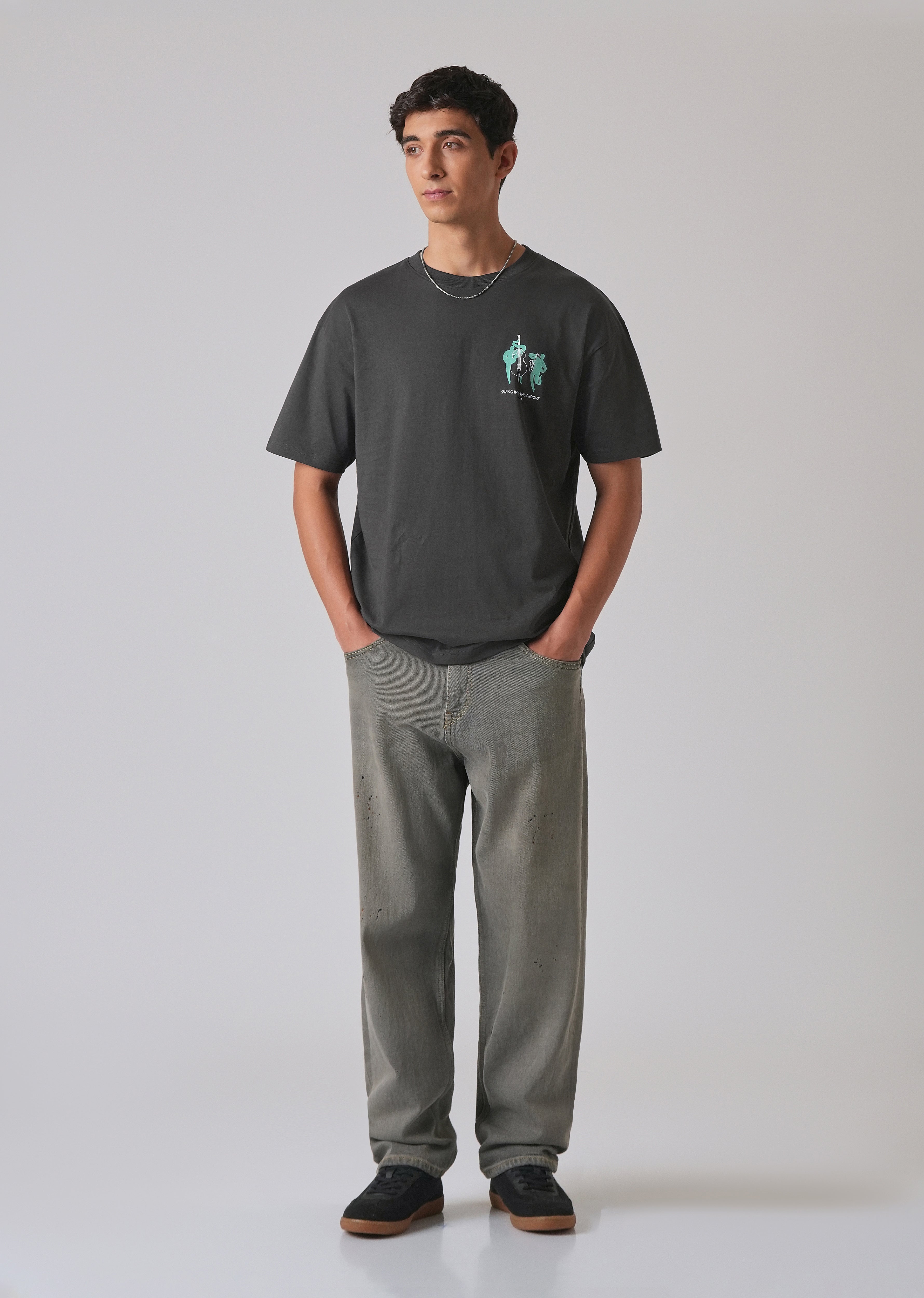 Grey Back Graphic Printed Oversized T-shirt