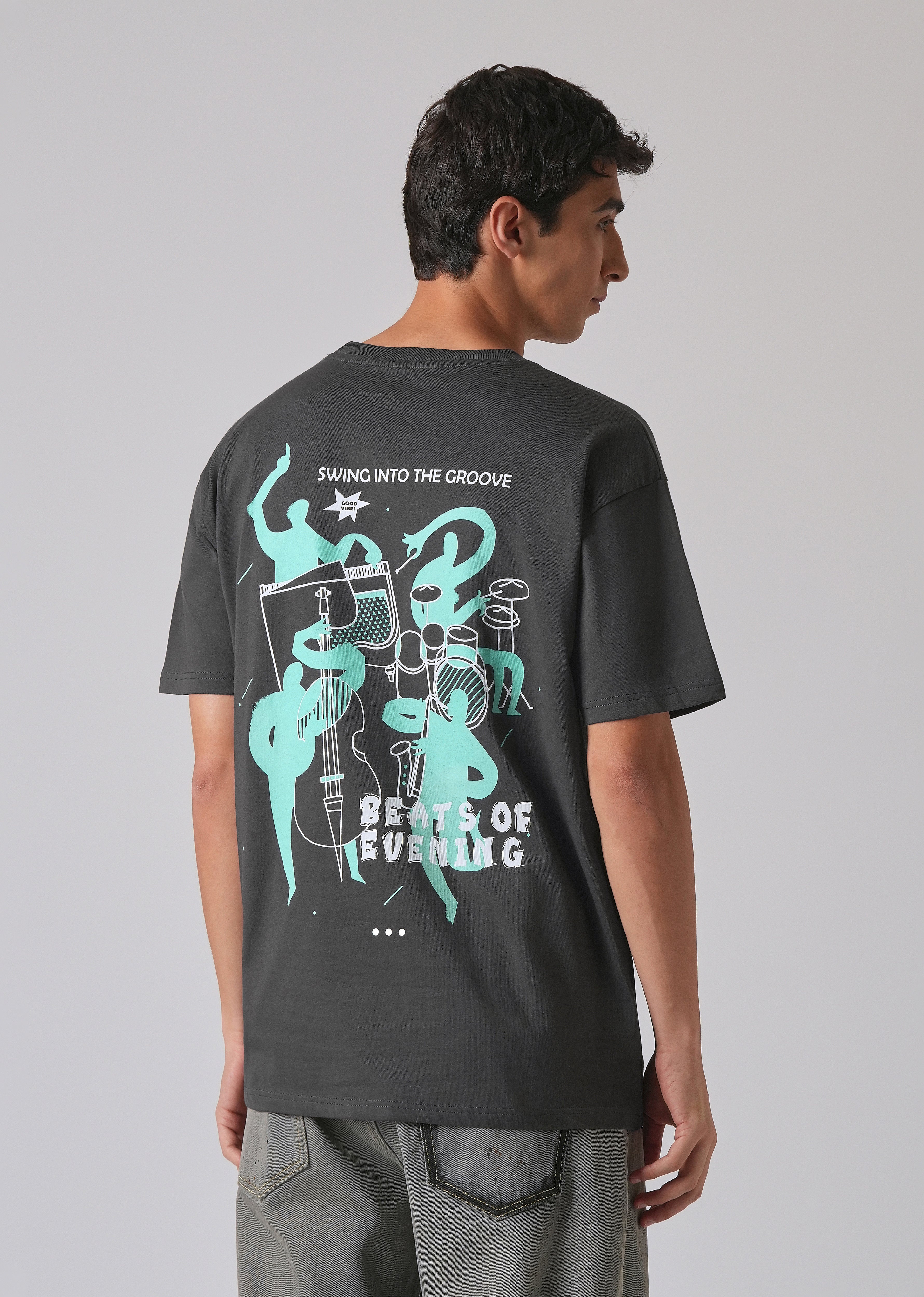 Grey Back Graphic Printed Oversized T-shirt