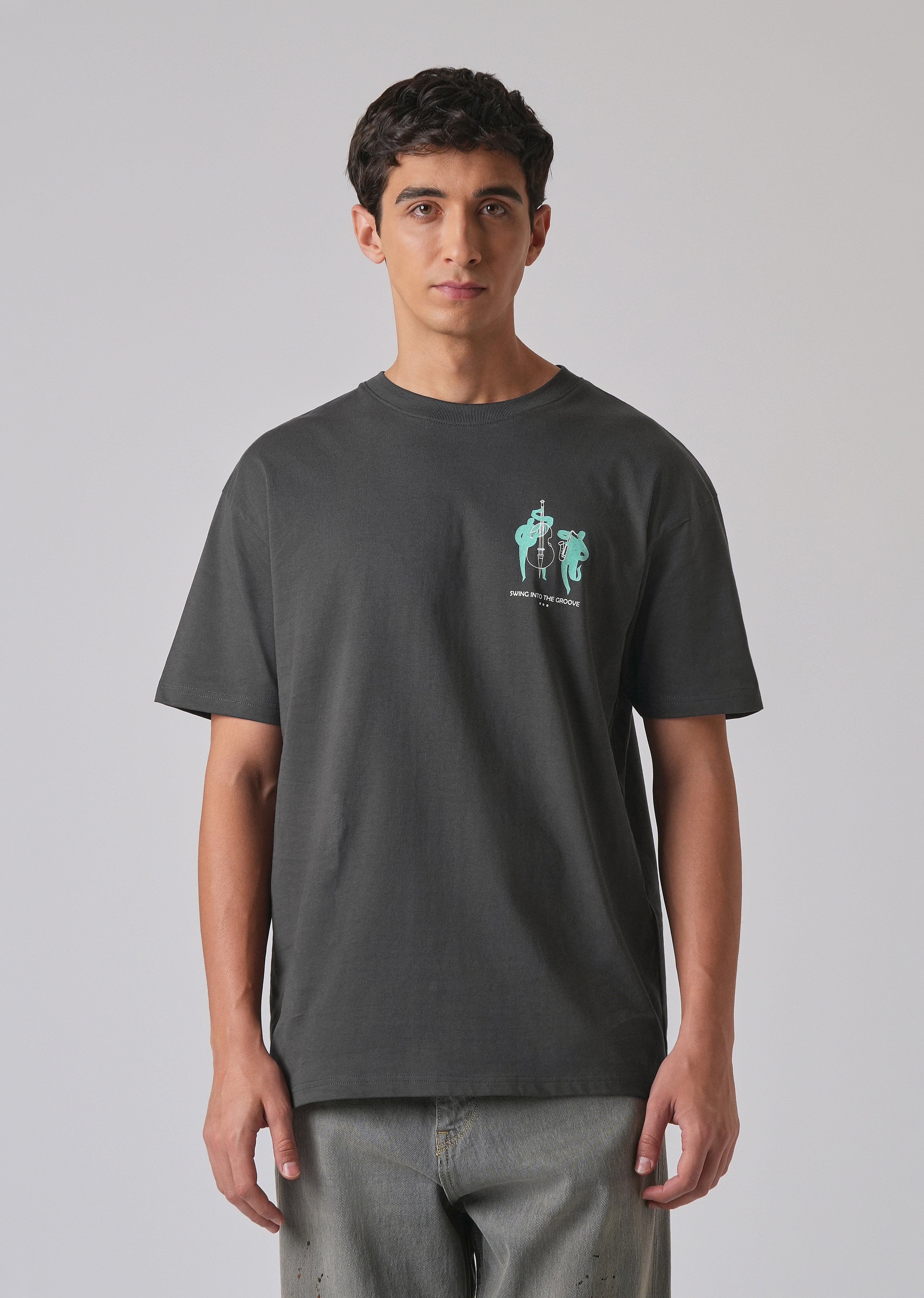 Grey Back Graphic Printed Oversized T-shirt