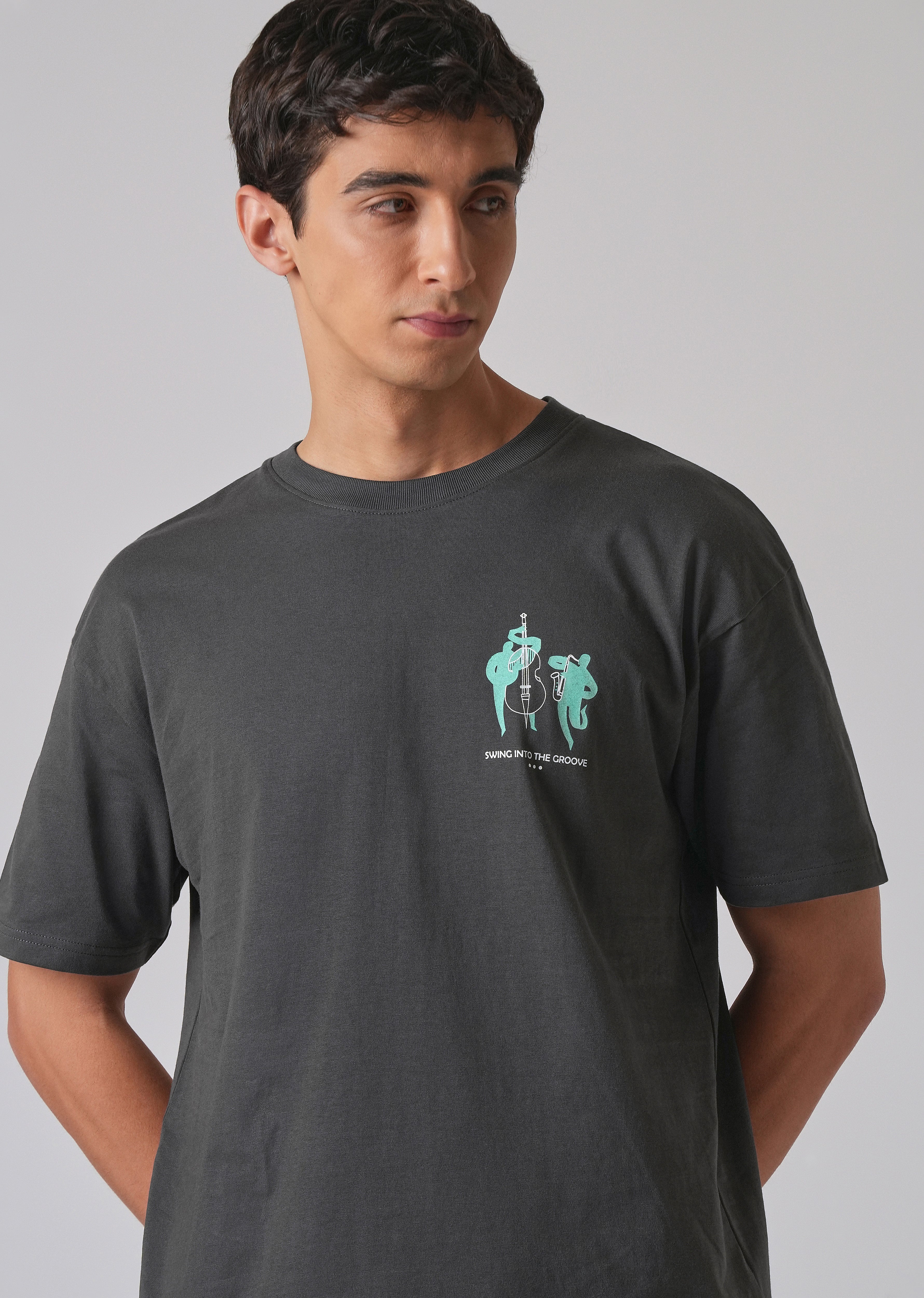 Grey Back Graphic Printed Oversized T-shirt