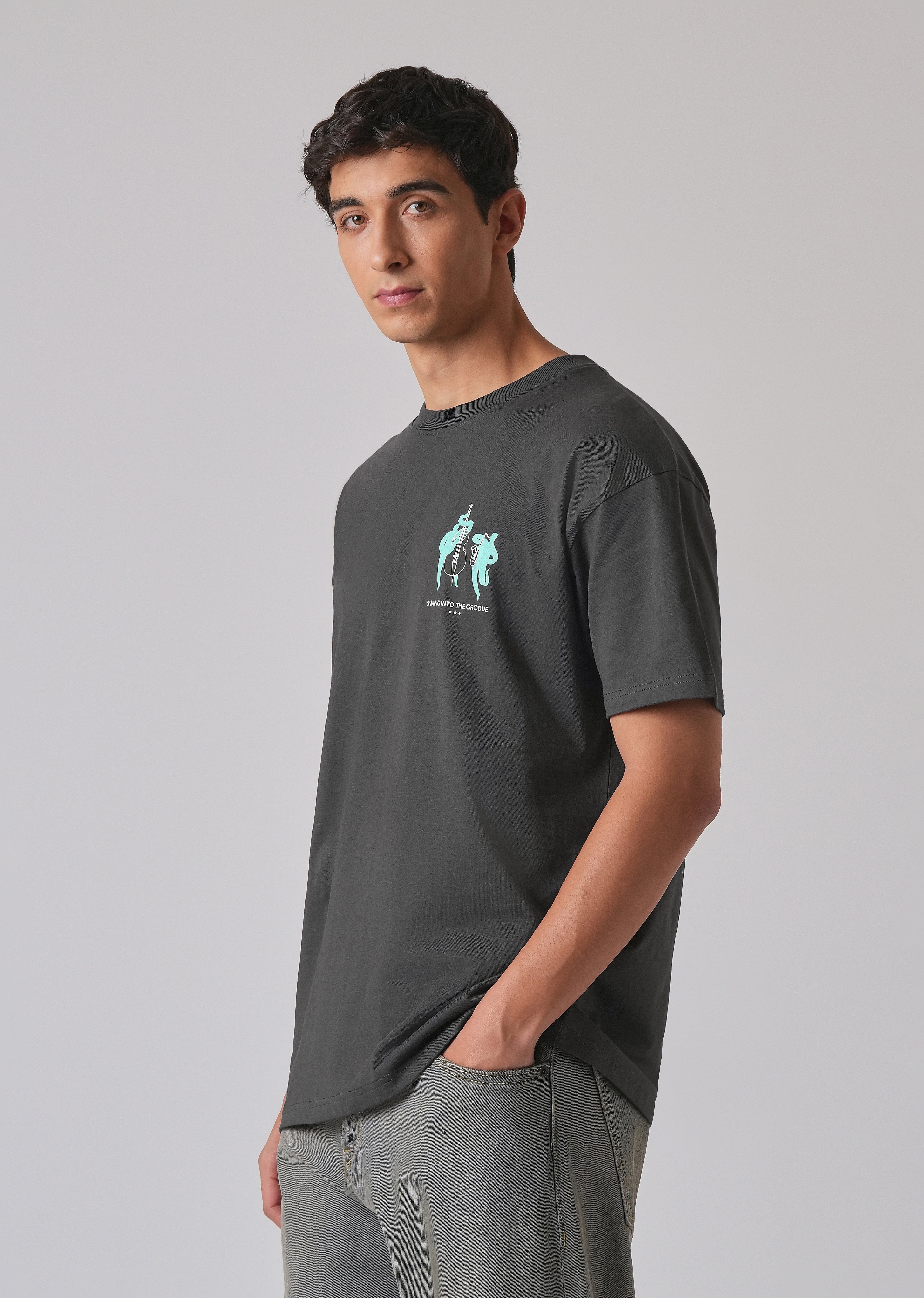 Grey Back Graphic Printed Oversized T-shirt