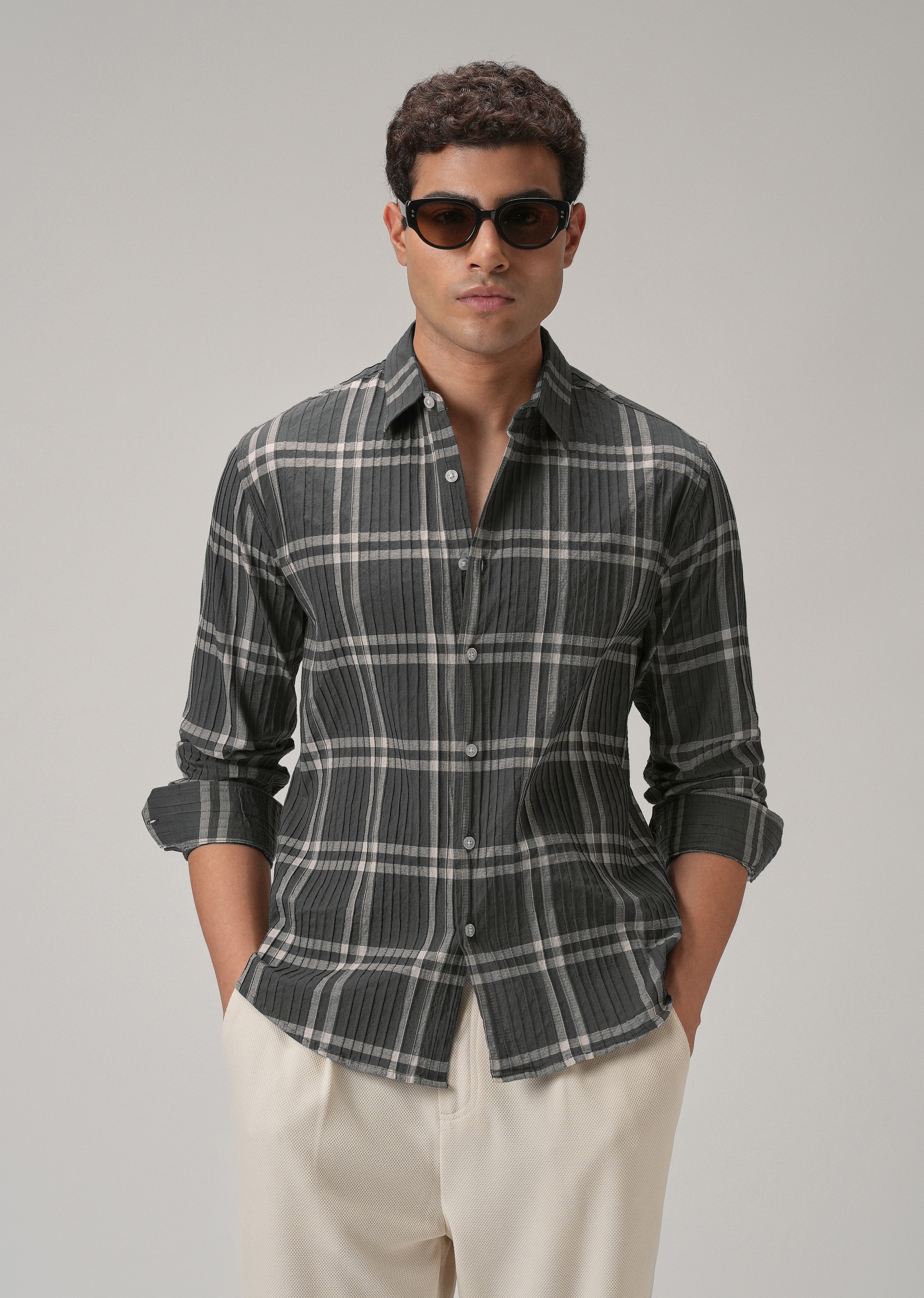 Self Pleat Grey Beige Check Shirt
