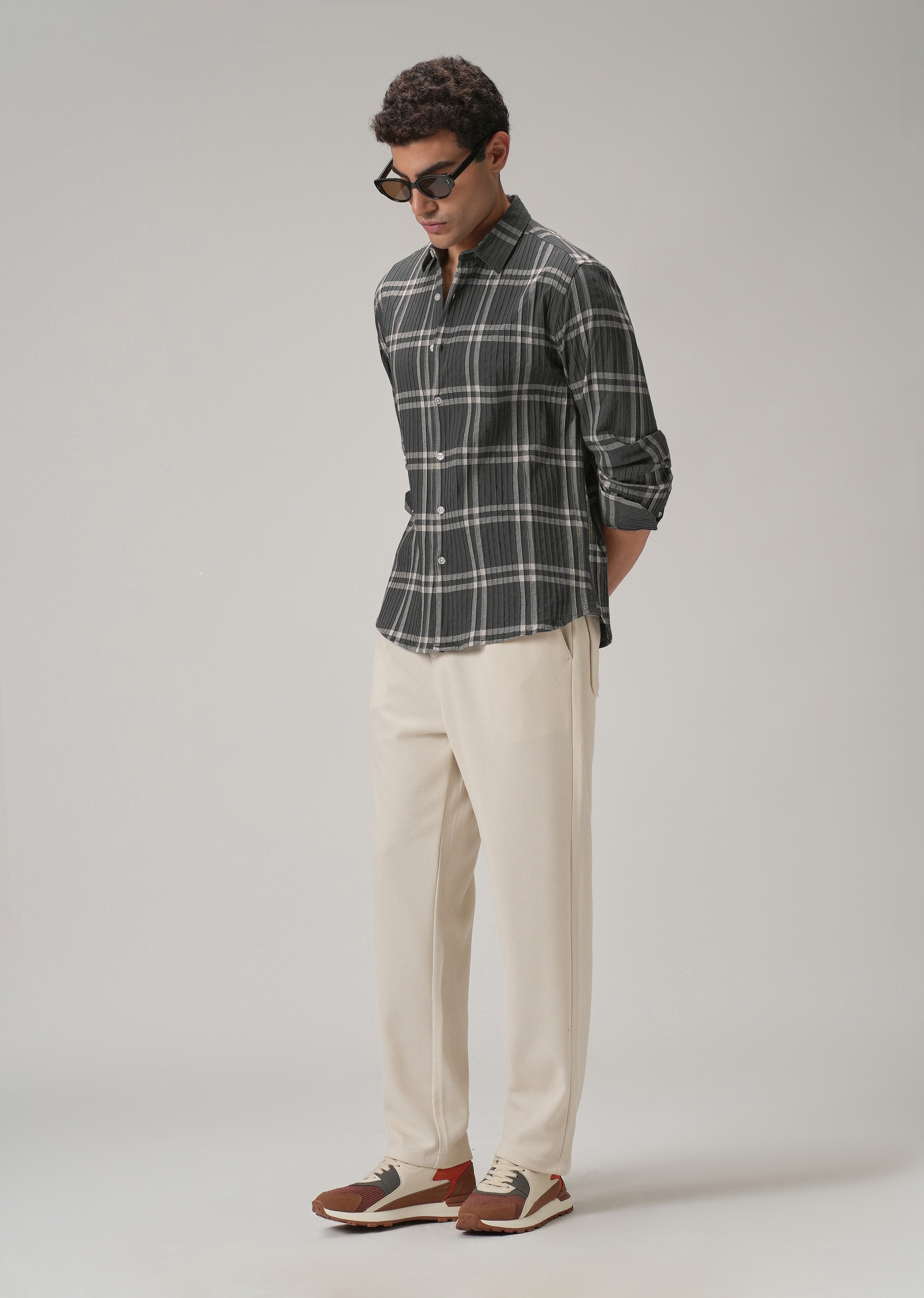 Self Pleat Grey Beige Check Shirt