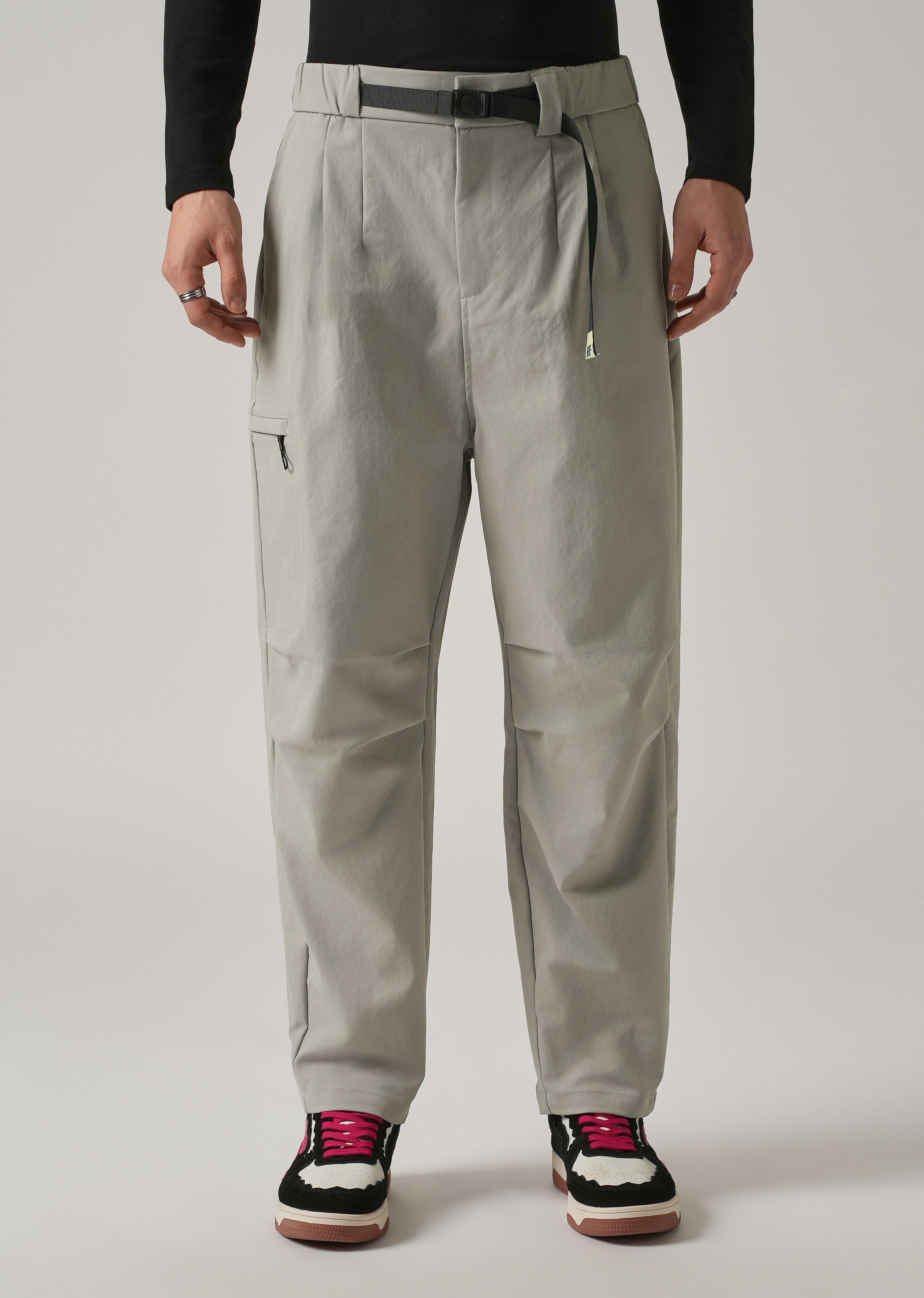 Grey Twill Belt Relaxed Fit Pant