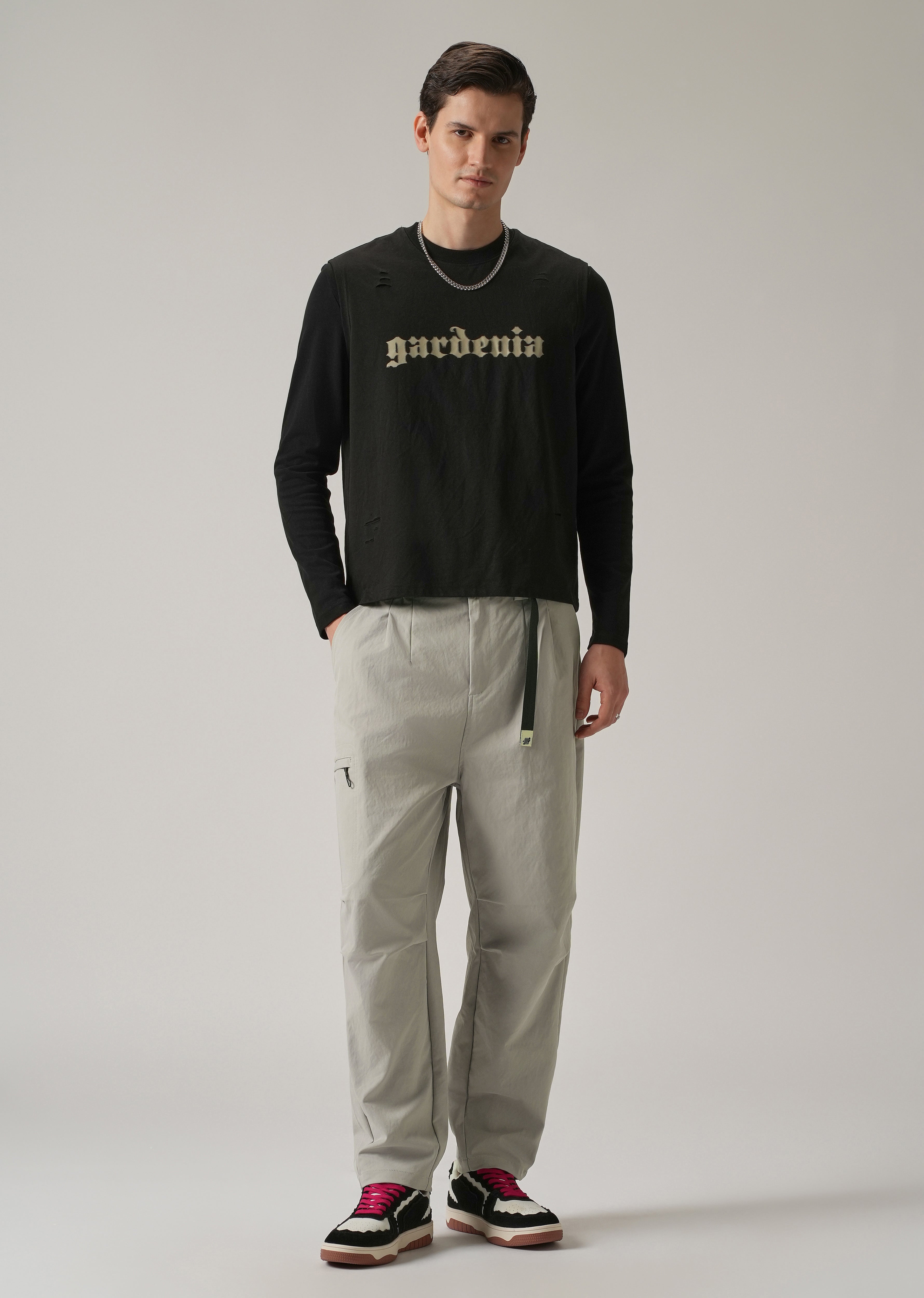 Grey Twill Belt Relaxed Fit Pant