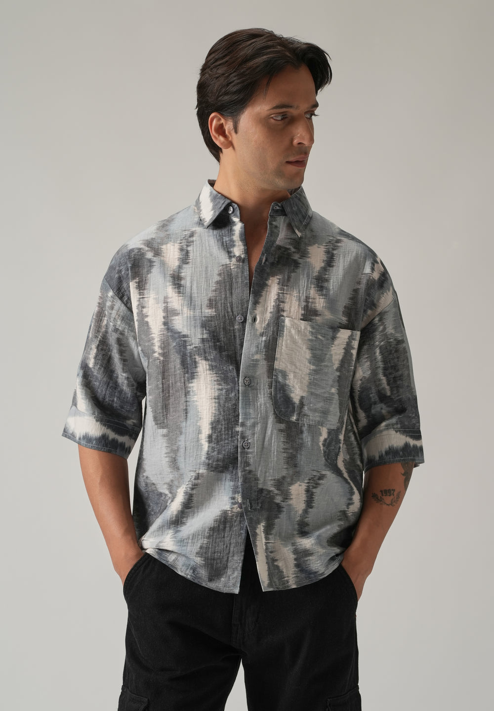 Grey Boxy Fit Abstract Printed Shirt