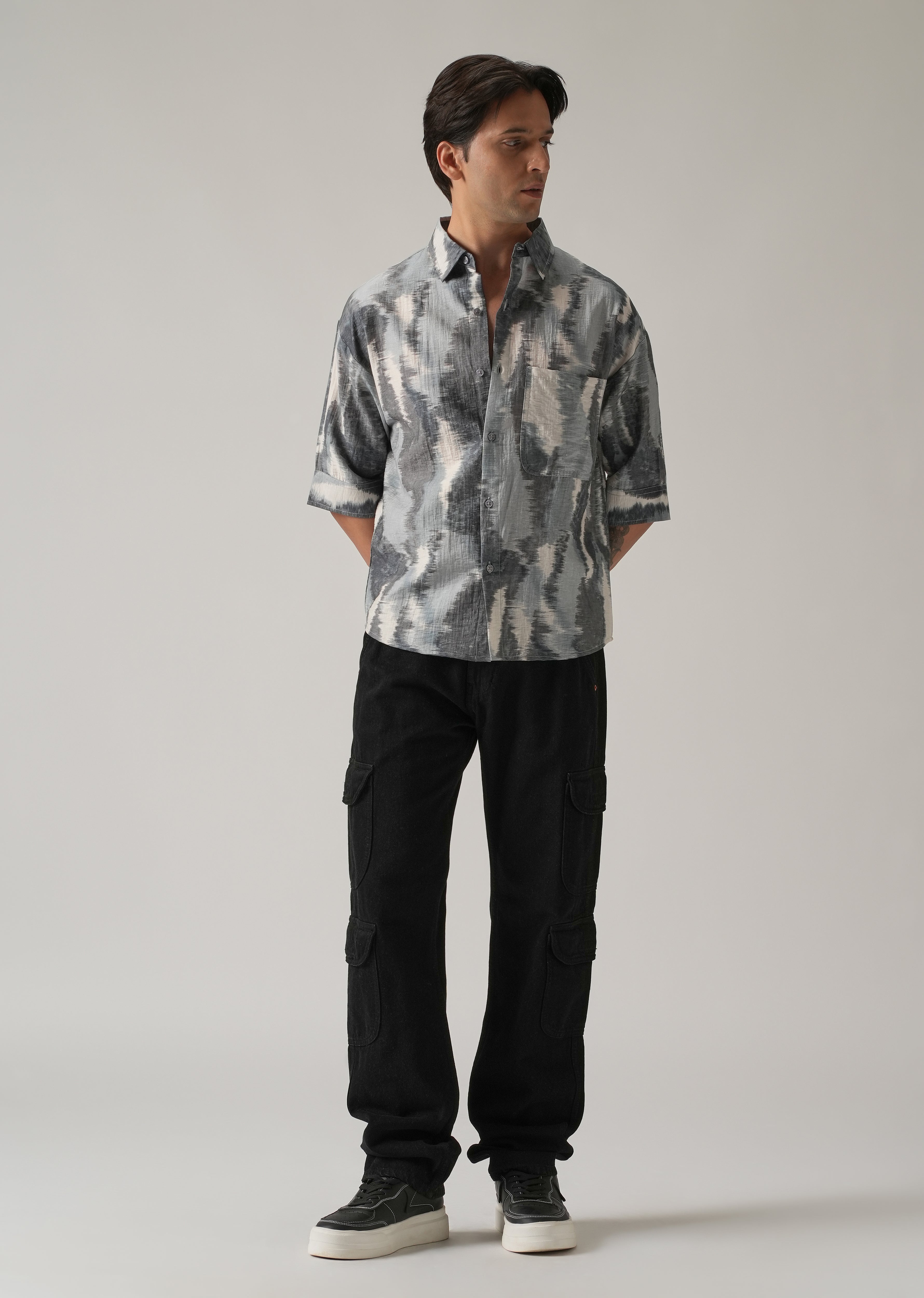 Grey Boxy Fit Abstract Printed Shirt