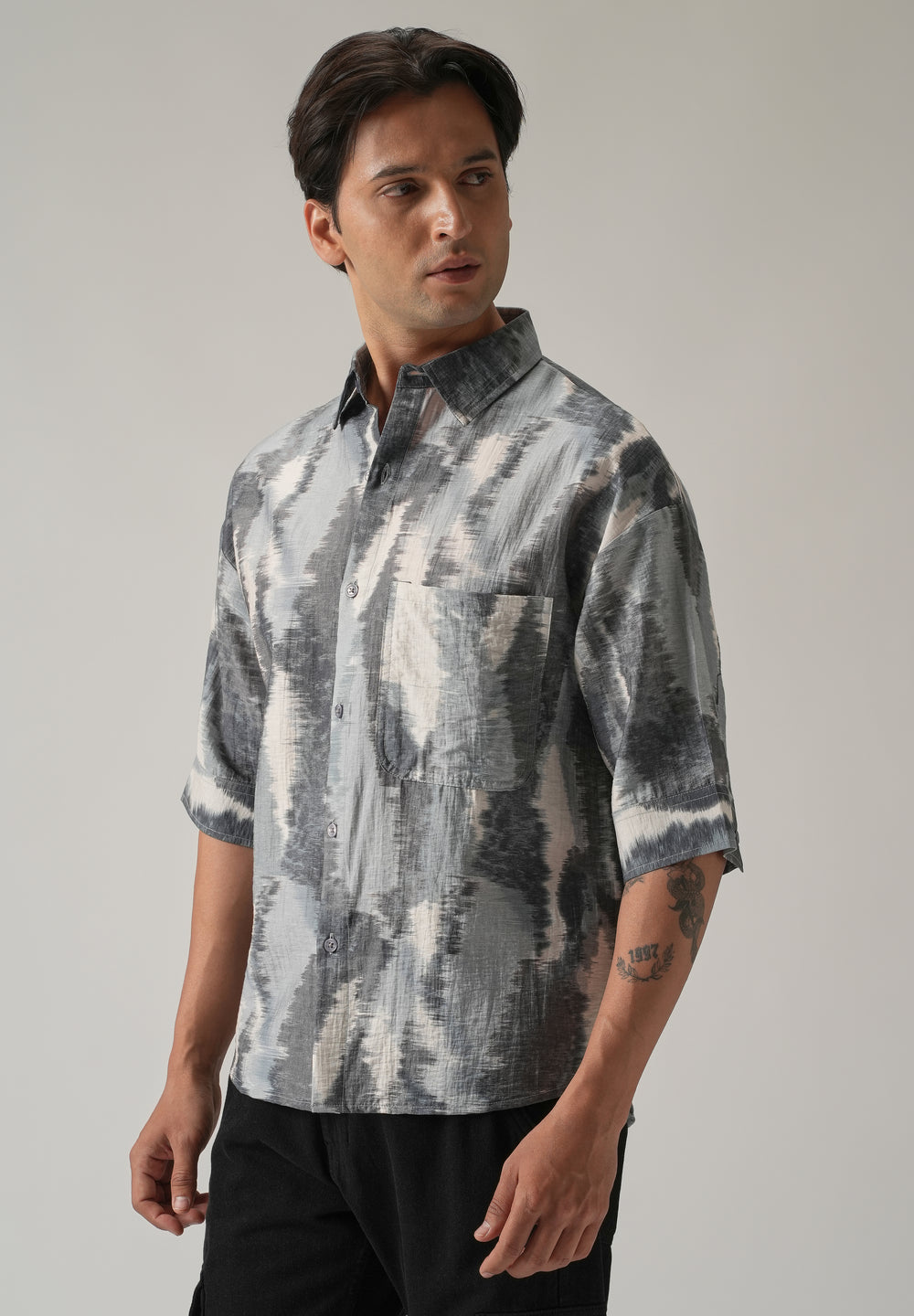 Grey Boxy Fit Abstract Printed Shirt