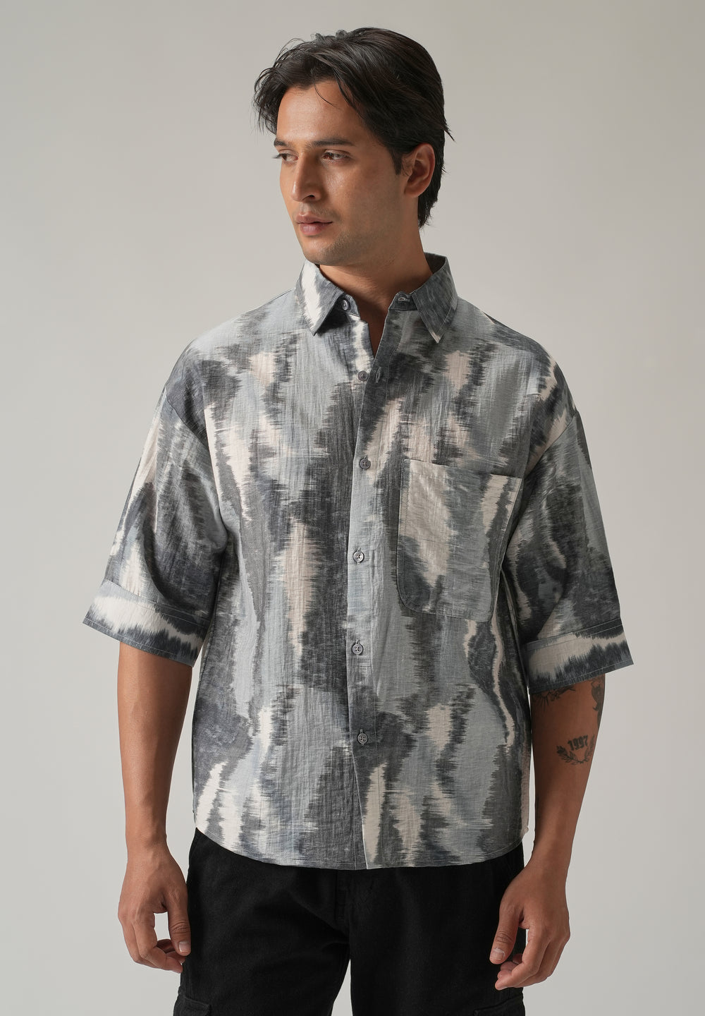 Grey Boxy Fit Abstract Printed Shirt