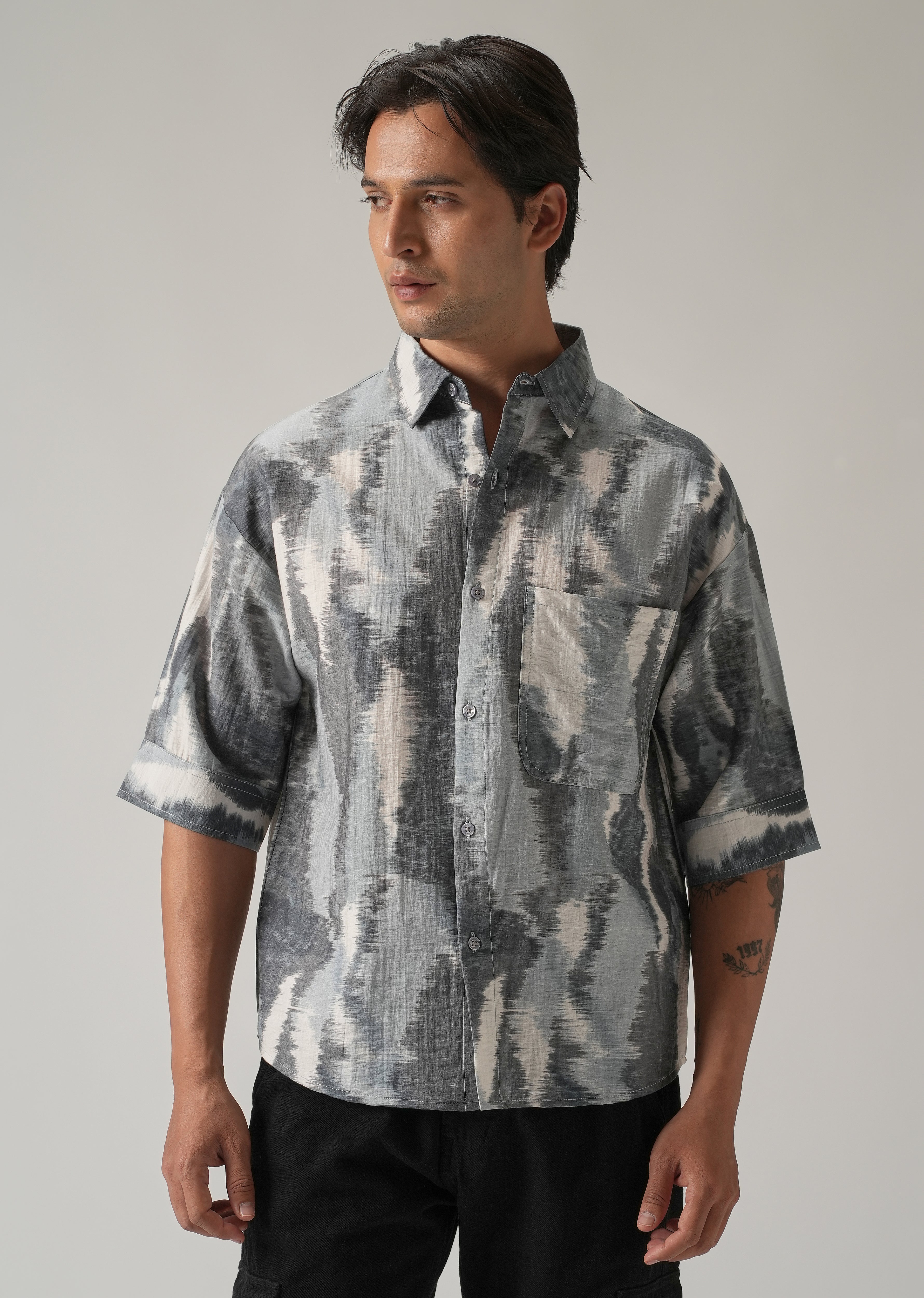 Grey Boxy Fit Abstract Printed Shirt