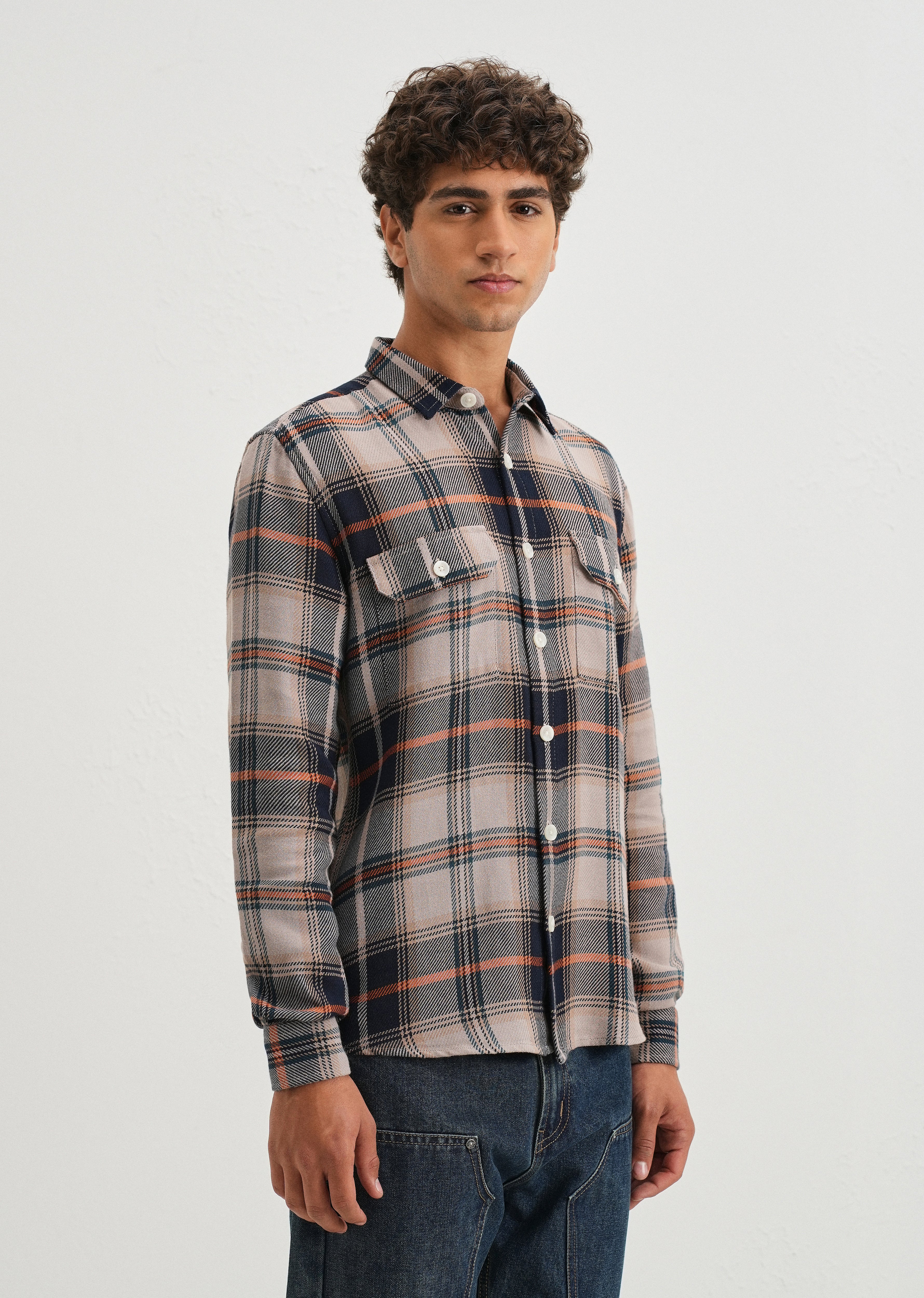 Grey Brushed Cotton Check Shirt
