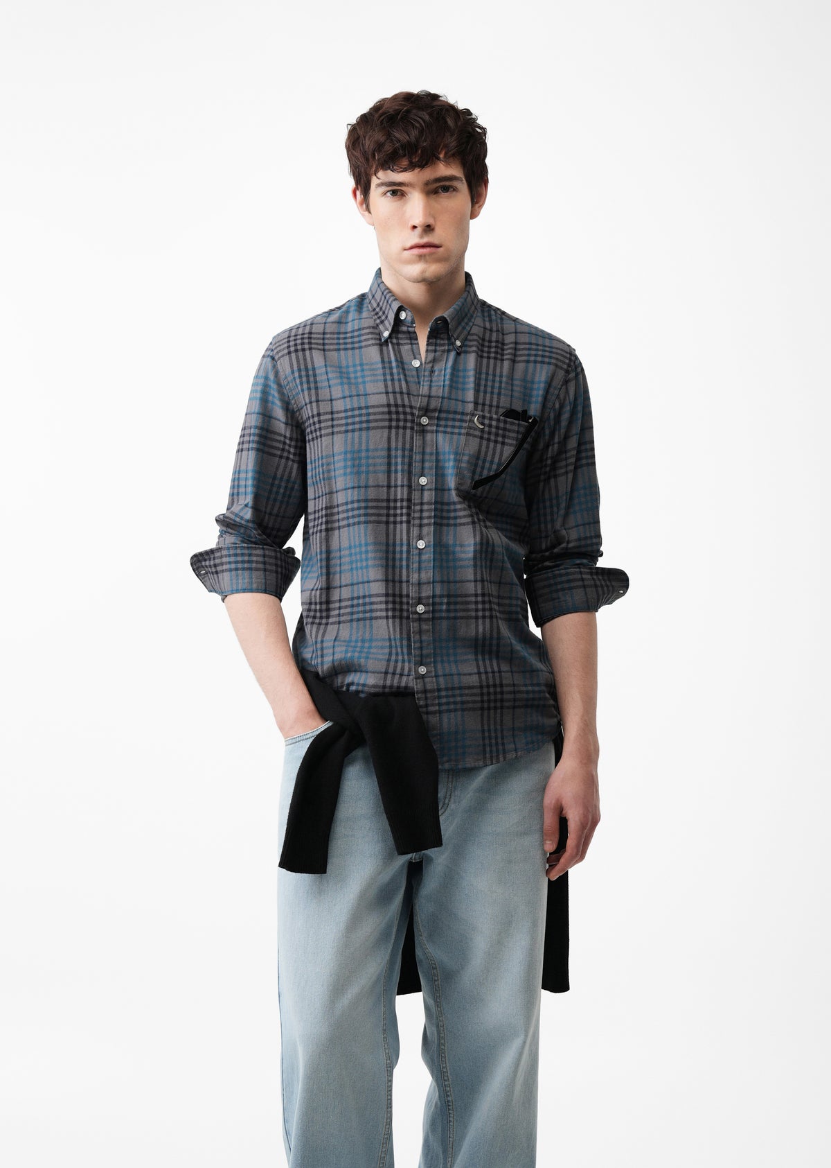Grey Cotton Plaid Check Shirt