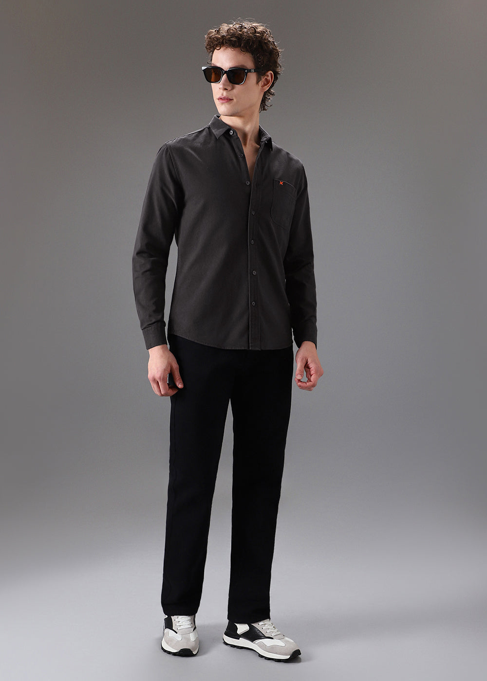 Grey Cotton Single Pocket Shirt