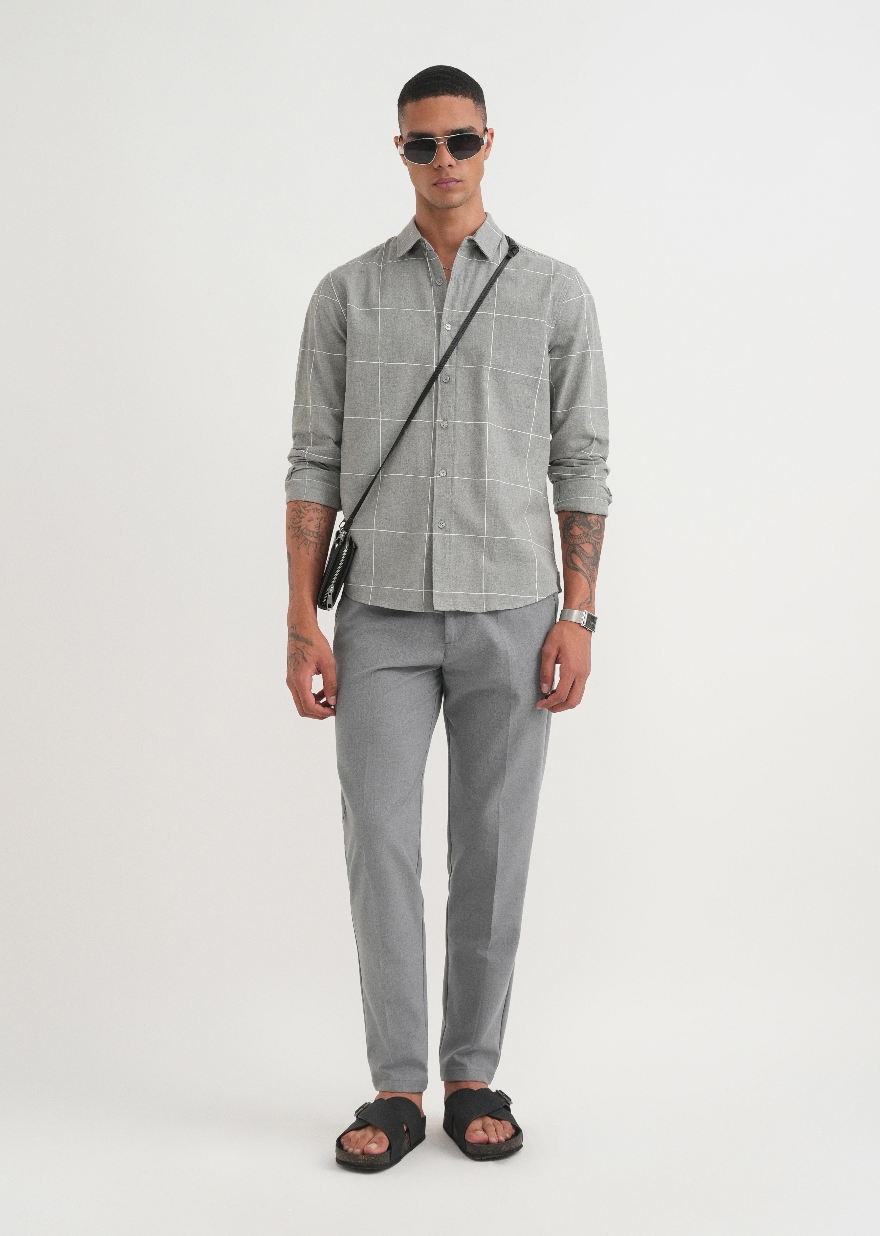 Grey Cotton Windowpane Check Shirt